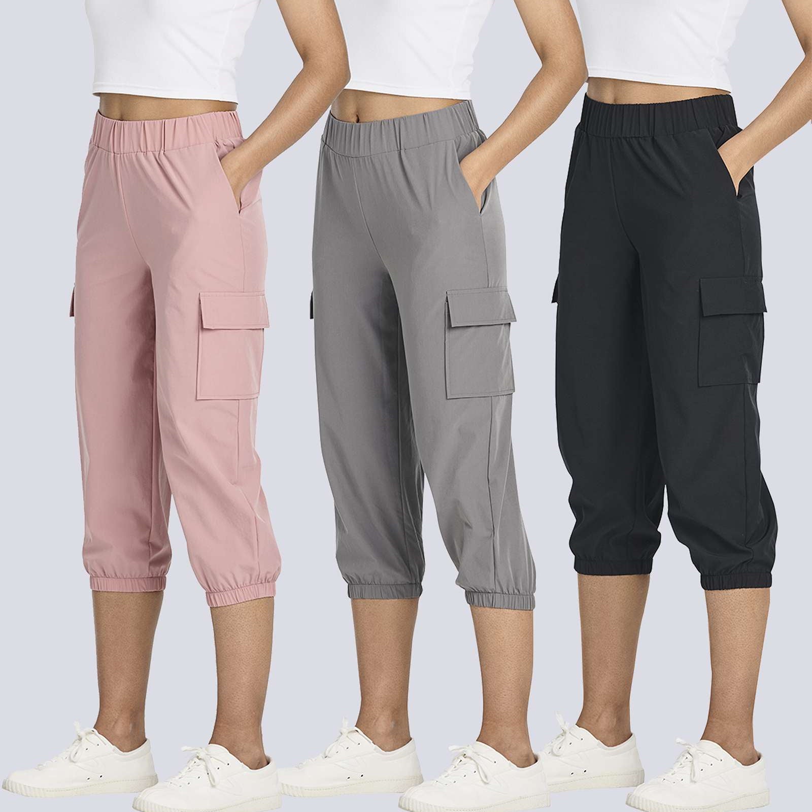 3 Pack: Women's Woven Cargo Capri Jogger Pants