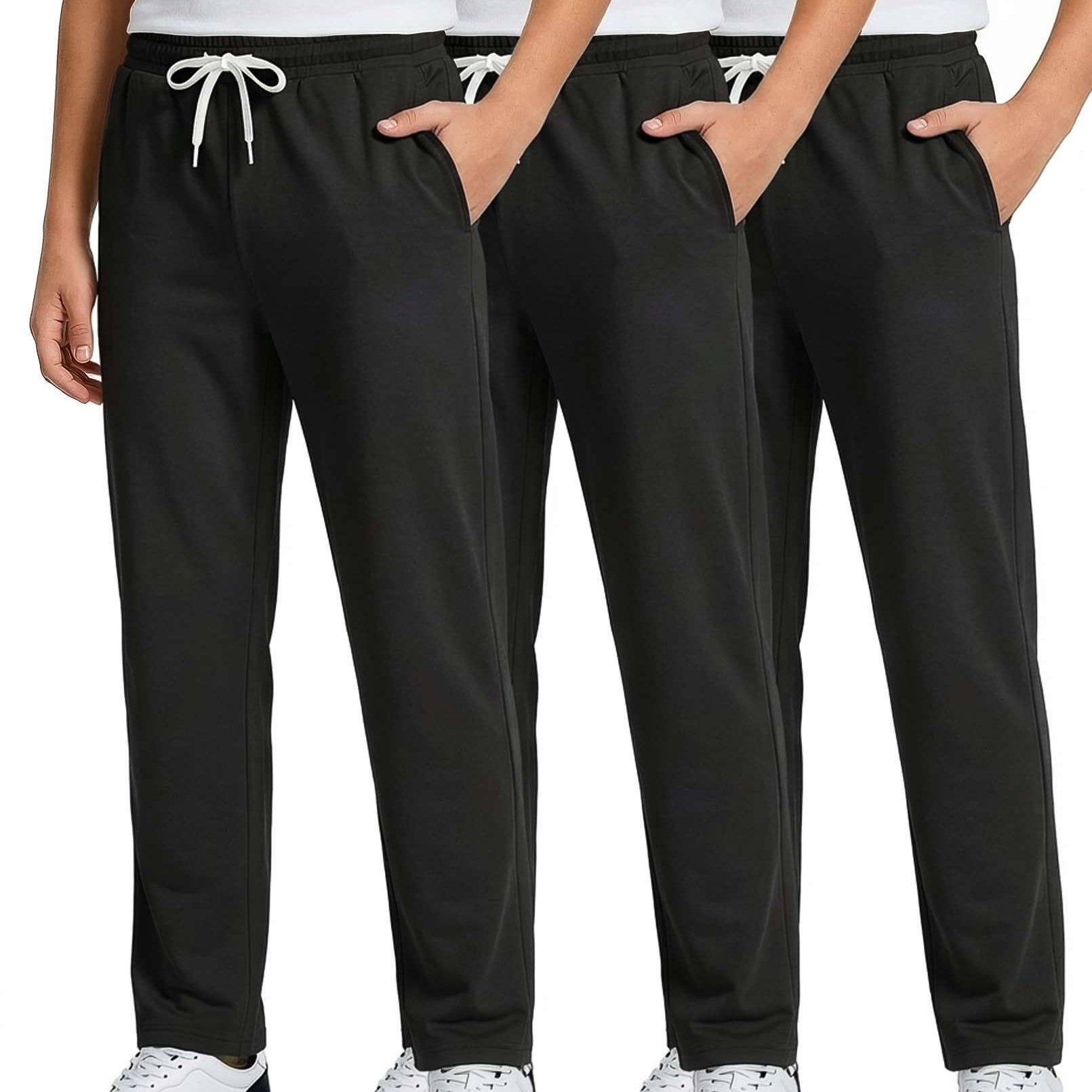 Real Essentials 3 Pack: Boys' French Terry Open Bottom Sweatpants Sweats for School Kids Teens with Pockets (Size 4-18)