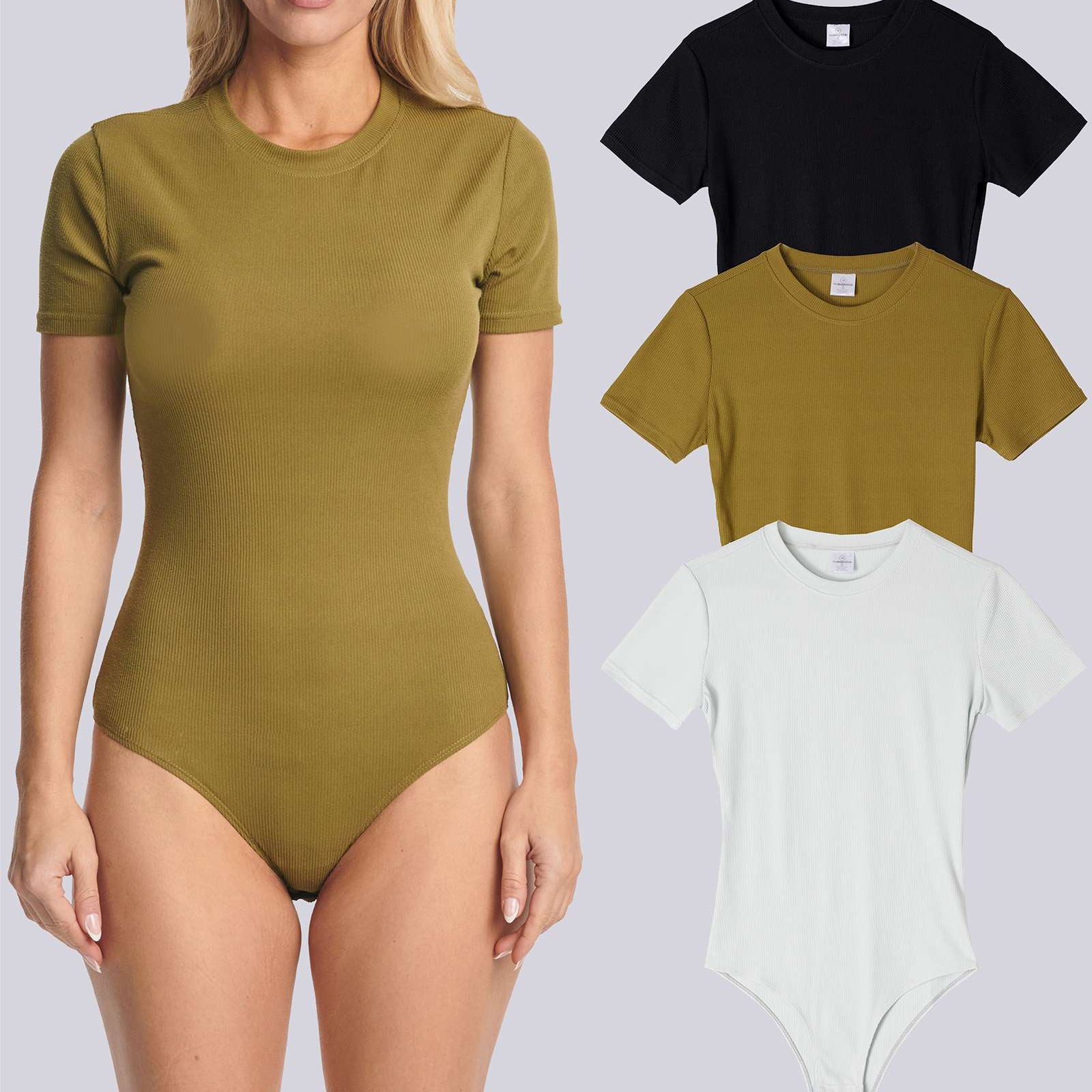 3 Pack: Women's Round Neck Short Sleeve Ribbed Shapewear Bodysuit Shirt Tops (Available in Plus Size)