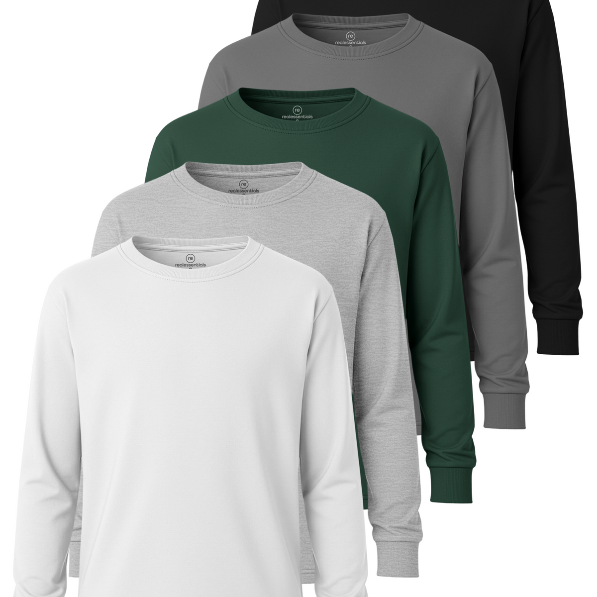 Real Essentials 5 Pack Boys' Cotton Long Sleeve Jersey T Shirts Kids School Youth Tees - Set 3