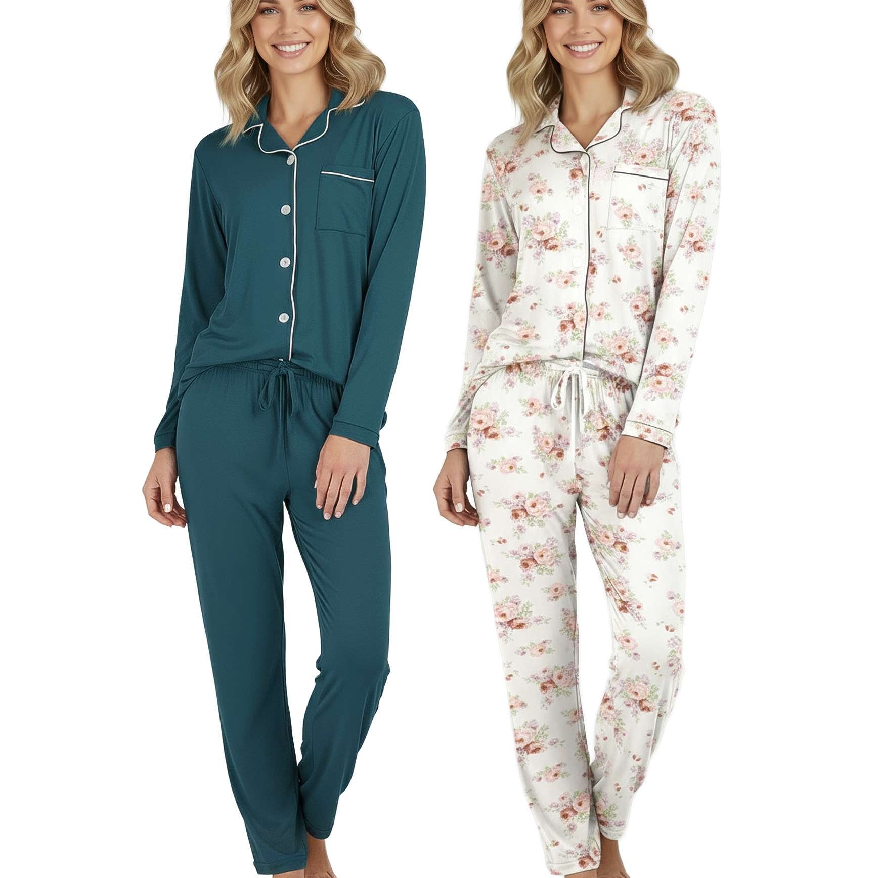 4 Piece: Women’s Long Sleeve Button Down Pajama Set