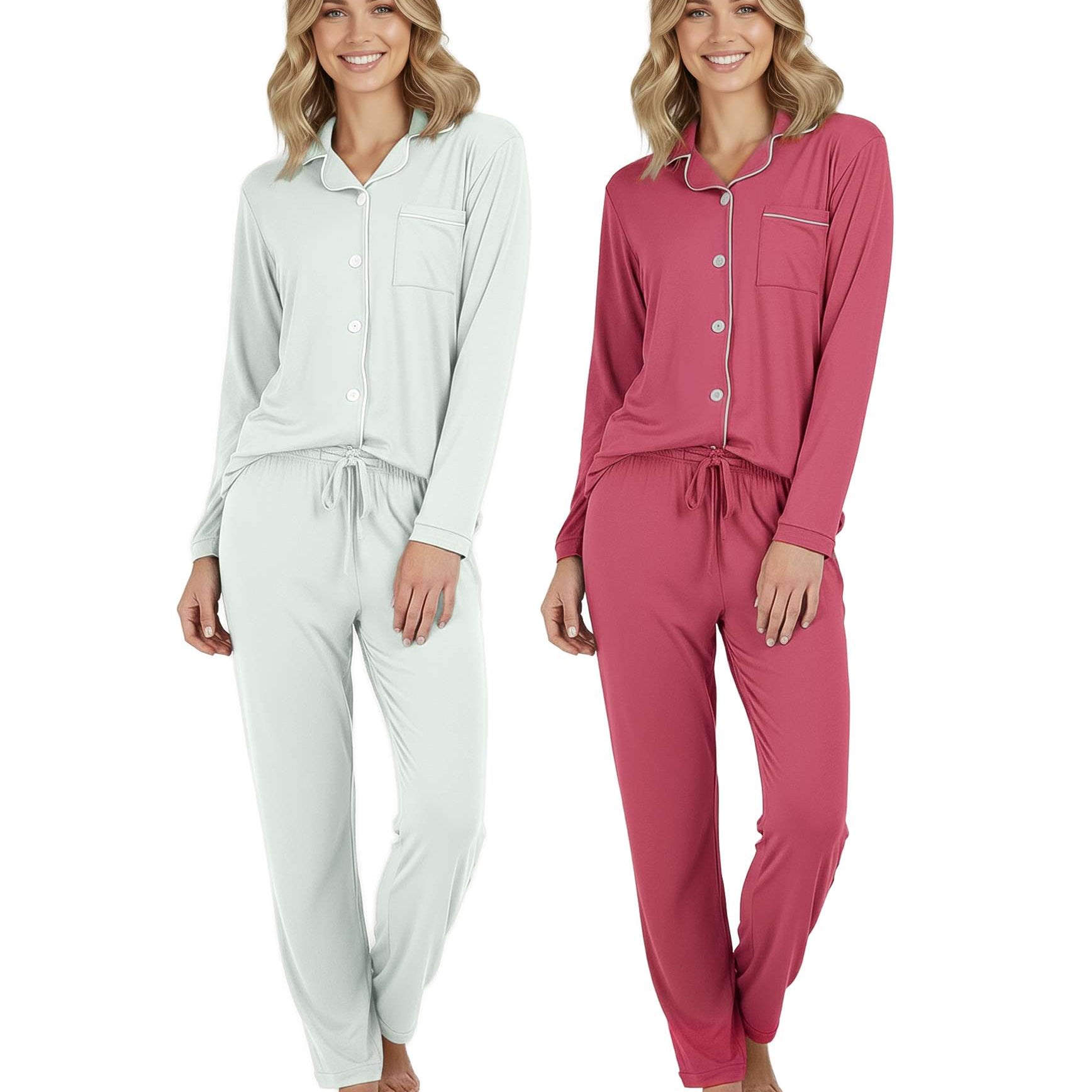 4 Piece: Women’s Long Sleeve Button Down Pajama Set