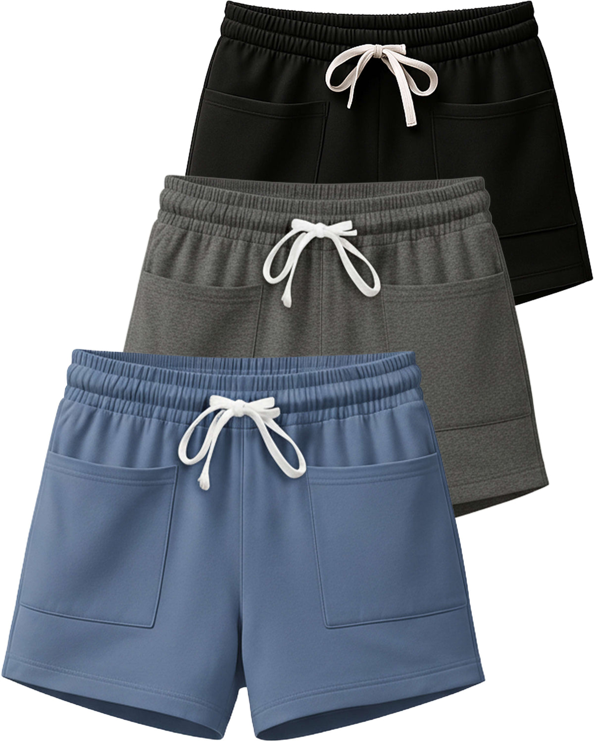 Real Essentials 3 Pack Women's French Terry Shorts Sweatshorts Lounge Gym Square Pockets - Set 8