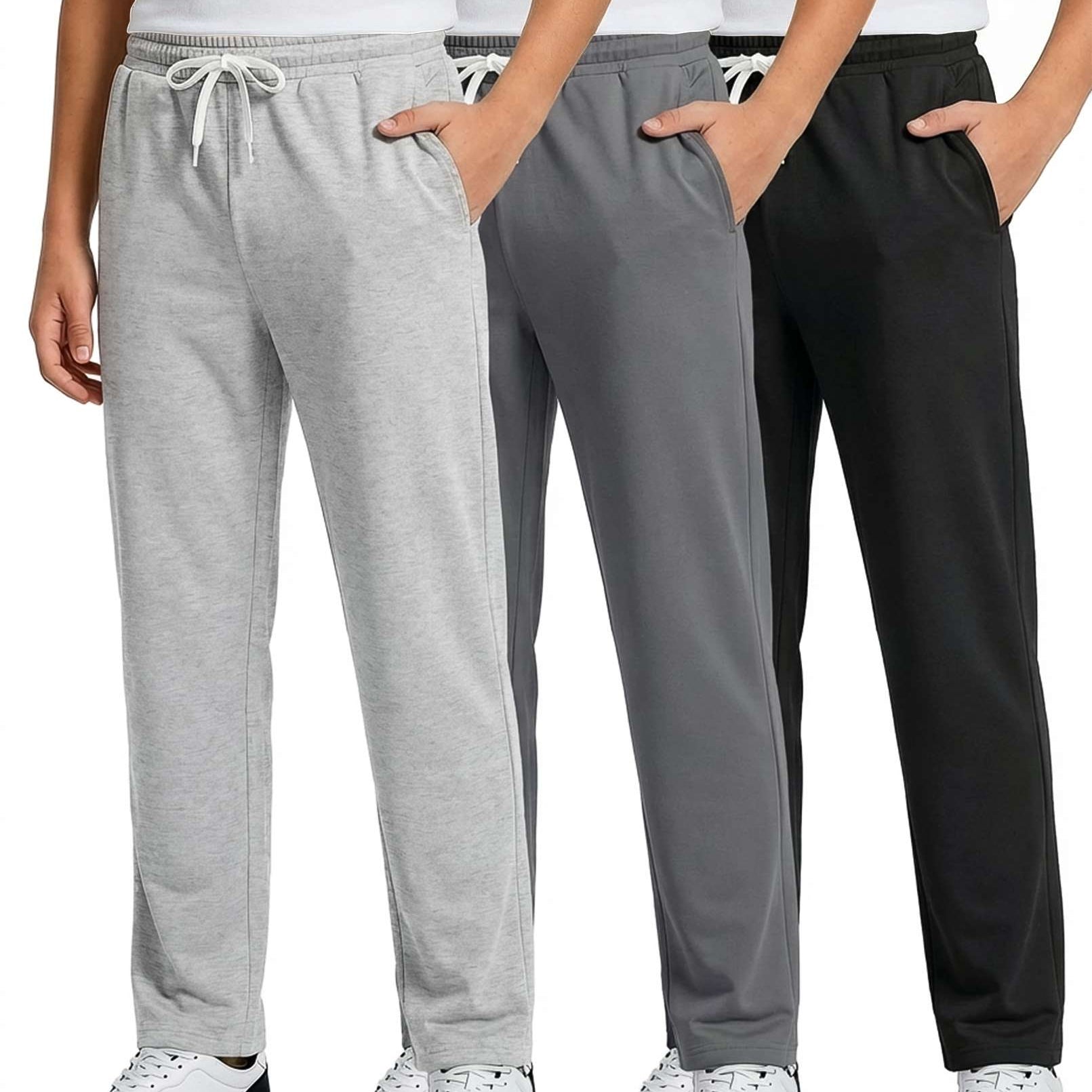 Real Essentials 3 Pack: Boys' French Terry Open Bottom Sweatpants Sweats for School Kids Teens with Pockets (Size 4-18)