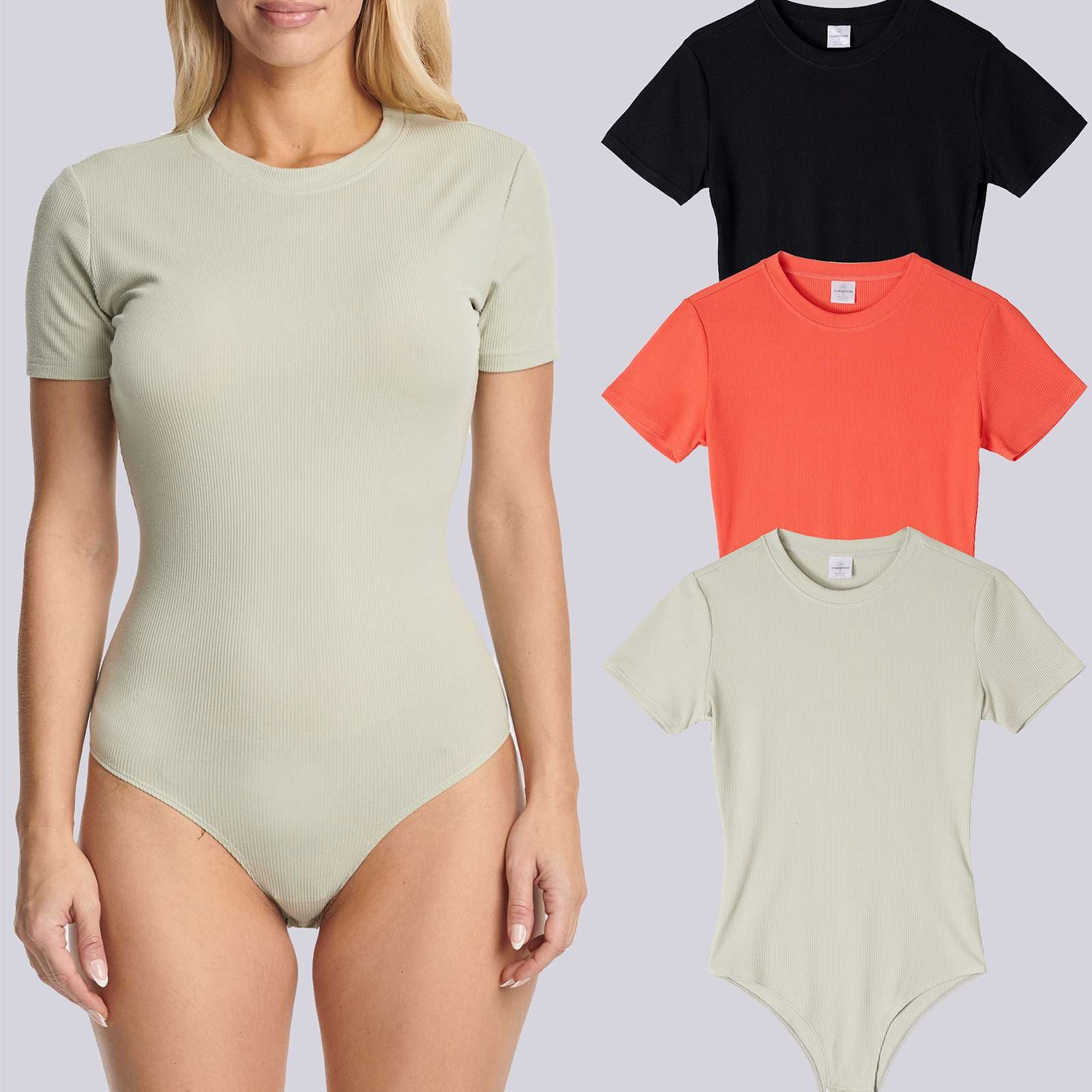 3 Pack: Women's Round Neck Short Sleeve Ribbed Shapewear Bodysuit Shirt Tops (Available in Plus Size)