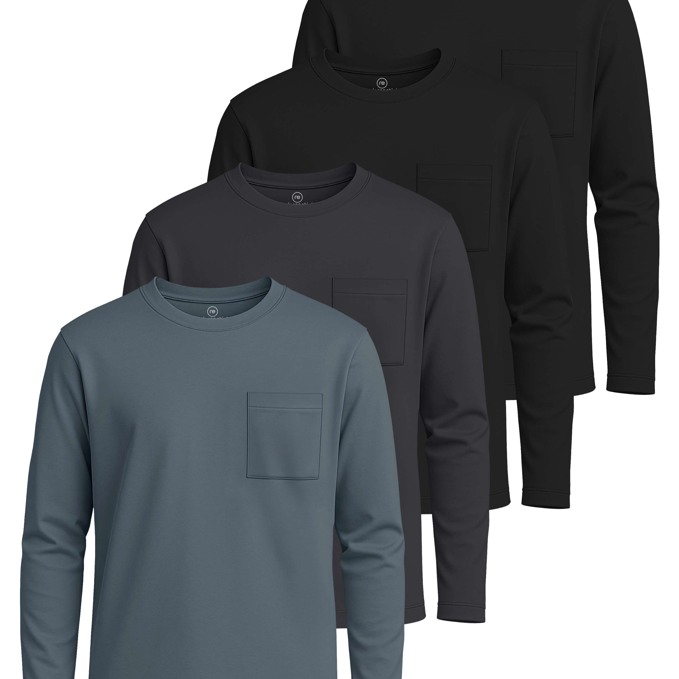 Real Essentials 4 Pack: Boys' Cotton Jersey Long Sleeve T-Shirt with Pocket - Kids Teens Youth Crew Neck Tee Top (Ages 4-16)