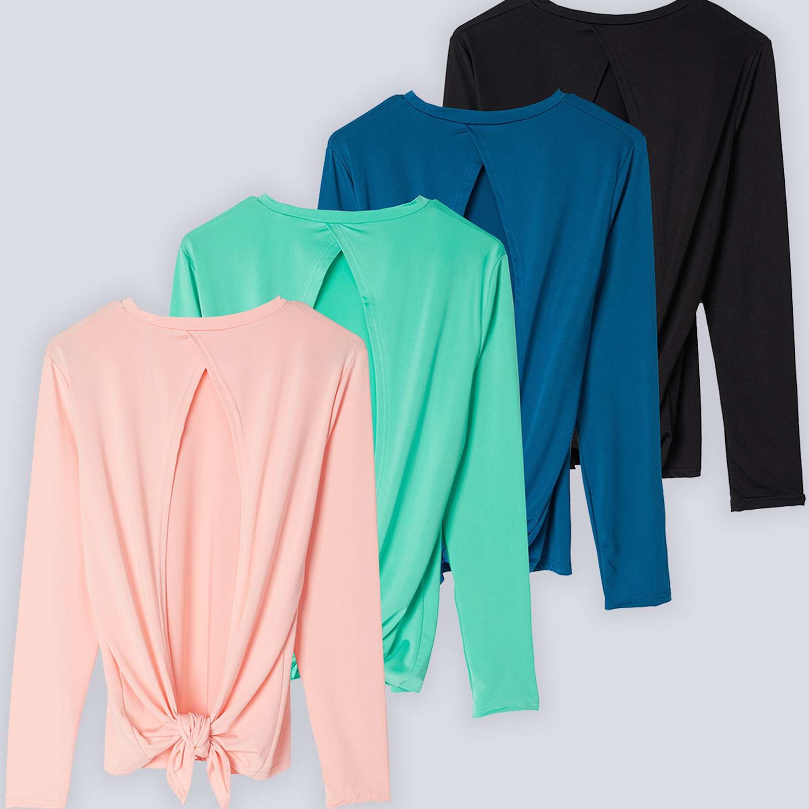 4 Pack: Women's Long-Sleeve Tie Back T-Shirt (Available in Plus Size)