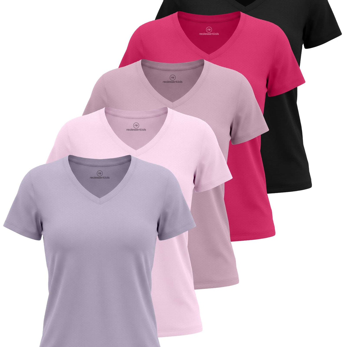 Real Essentials 5 Pack Women's V Neck Tshirts Short Sleeve Dry Fit Workout Tops Tees Shirts - Solid Black, Solid Raspberry Sorbet, Solid Fragrant Lilac, Solid Festival Bloom, Solid Orchid Petal
