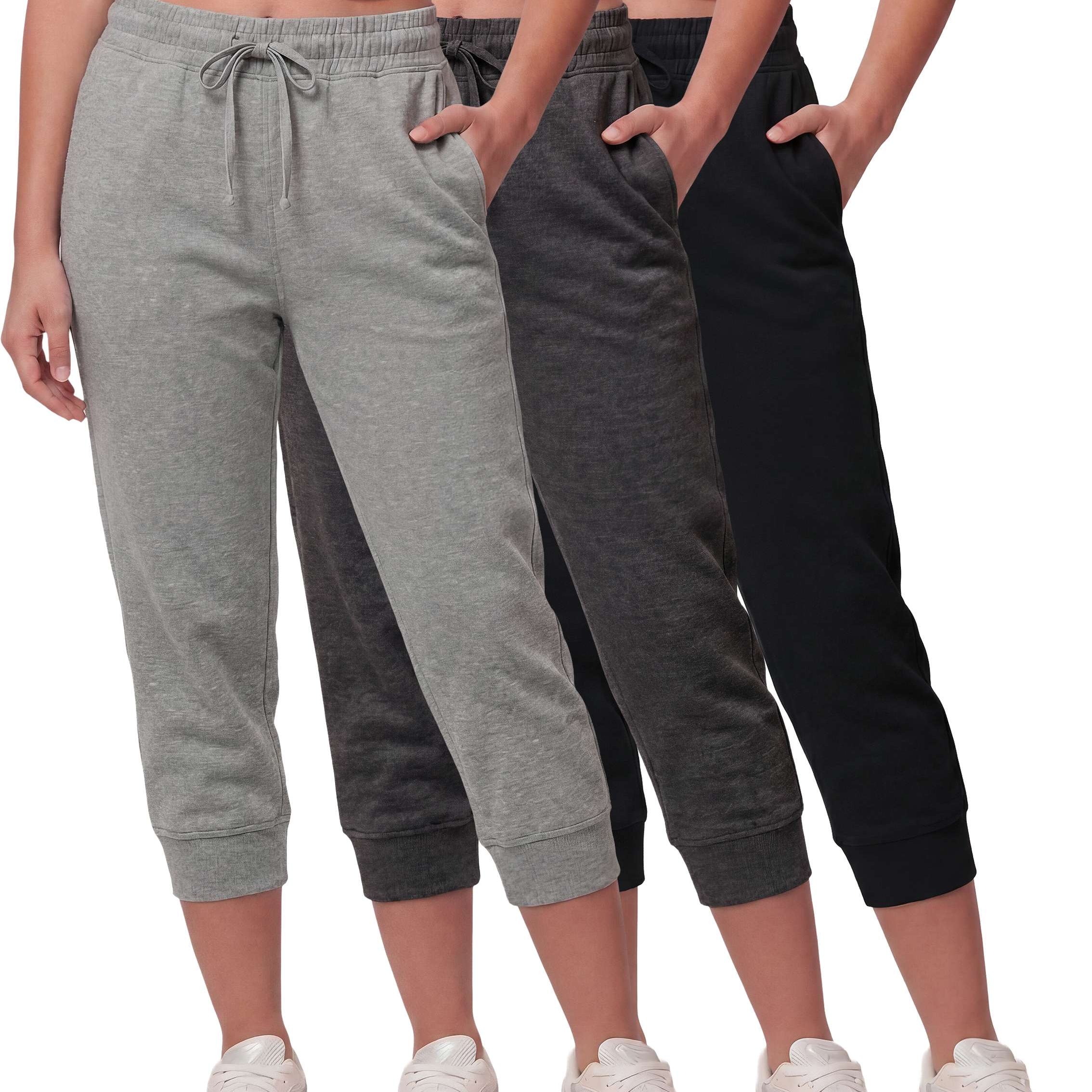 Real Essentials 3 Pack: Women’s Fleece Capri Joggers Athletic Lounge Gym Running Sweatpants with Pockets
