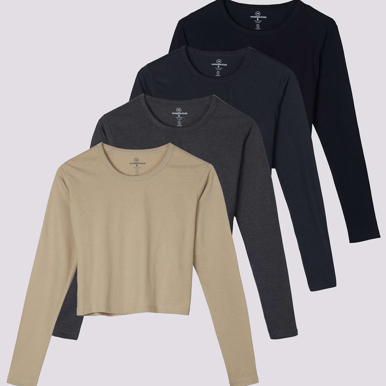 4 Pack: Women's Long Sleeve Crew Crop Top ( Available in Plus Size)