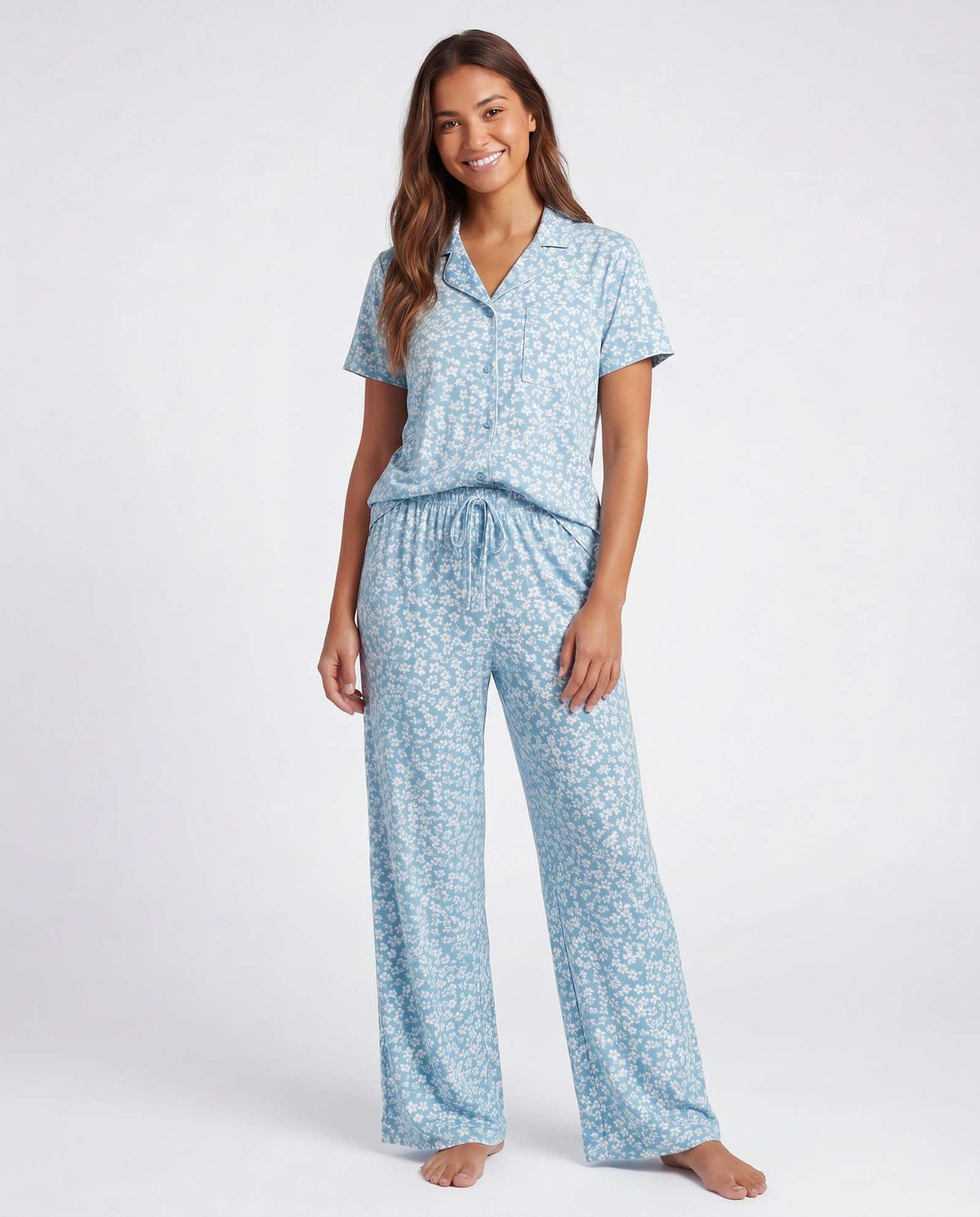 Real Essentials 2 Pack Women's Pajama Sets Lounge Set 2 Piece Button Up PJ Sleepwear Ladies - Soft Chambray Flowers, Orchid Petal Stripe