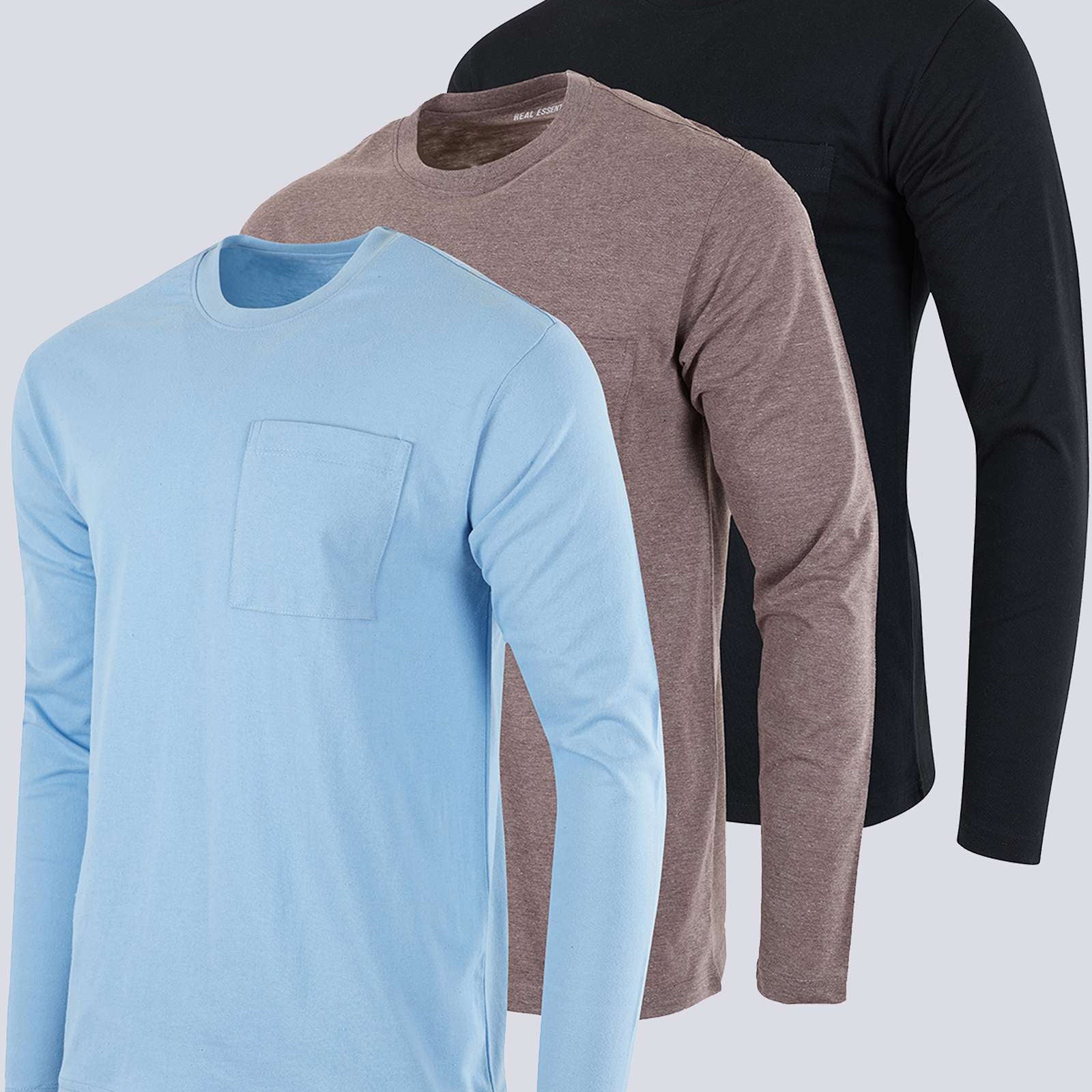 3 Pack: Mens Cotton Long Sleeve Crew Neck Pocket T-Shirt