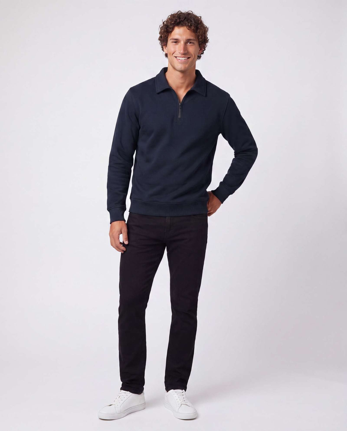 Real Essentials 2 Pack Mens Fleece Quarter Zip Sweatshirt Sweater Collared Long Sleeve Top - Solid Navy Blazer, Solid Vintage Indigo