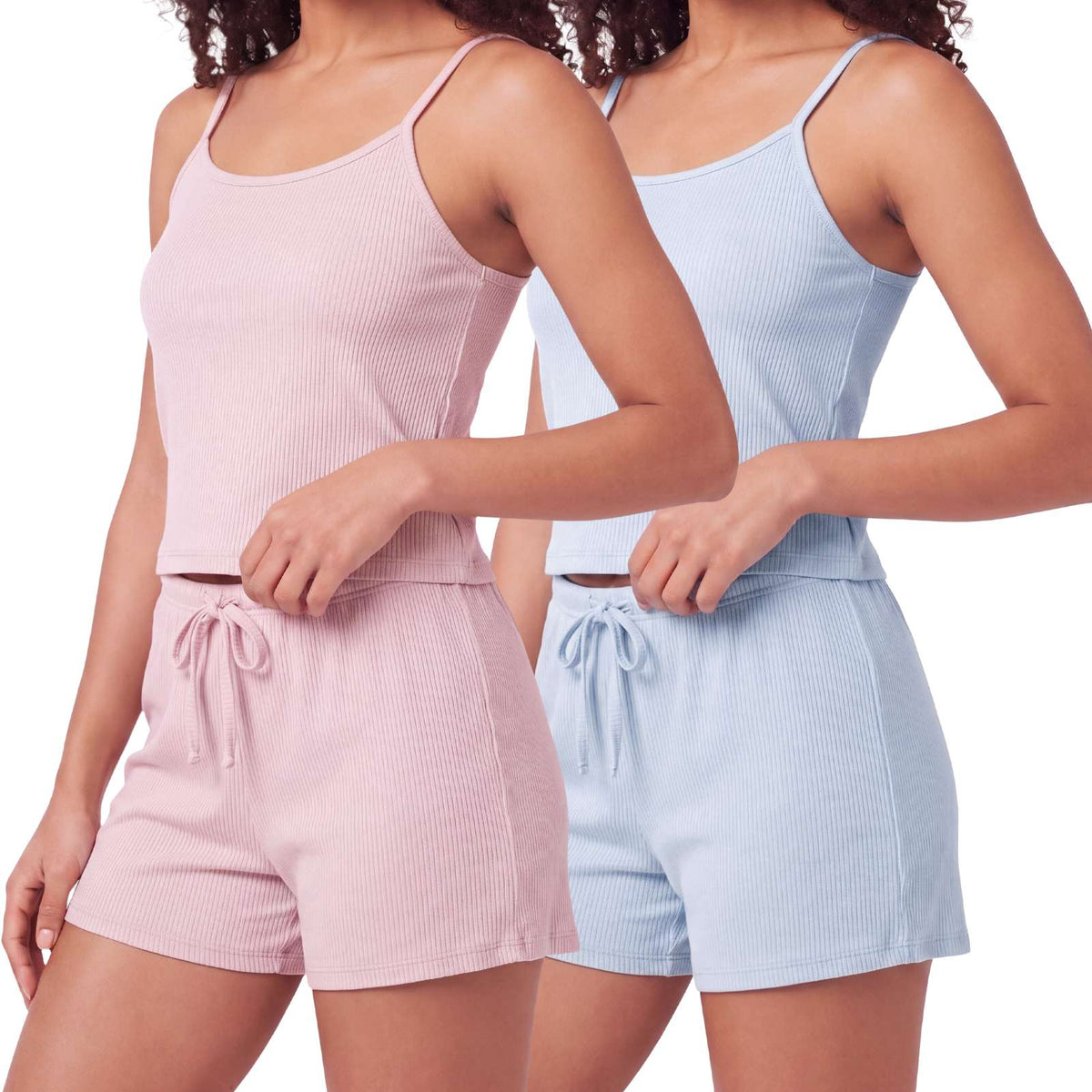 Real Essentials 2 Pack Women's Pajama Sets 2 Piece Ribbed Cropped Cami Shorts Sleepwear PJs - Solid Ballad Blue, Solid Pale Lilac