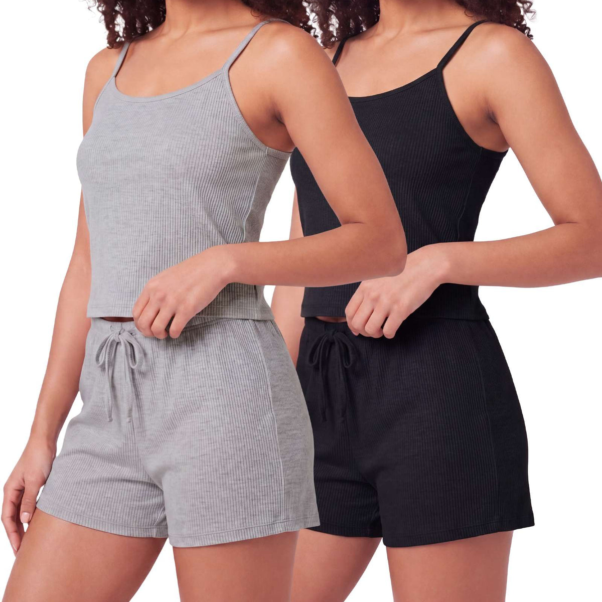 Real Essentials 2 Pack Women's Pajama Sets 2 Piece Ribbed Cropped Cami Shorts Sleepwear PJs - Solid Black, Grey Heather