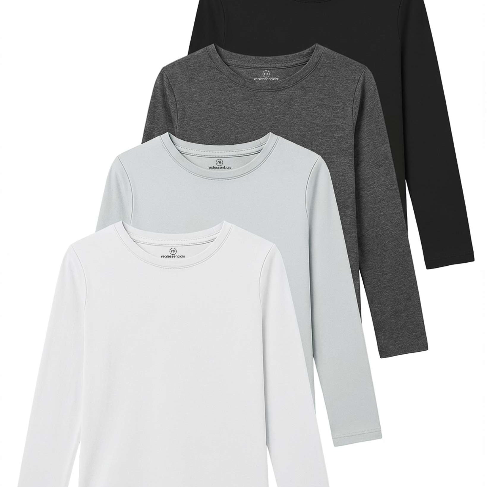 4 Pack: Girls Cotton Long Sleeve T Shirts Teens Tops Athletic Tee Plain Basic Multipack Youth Kids