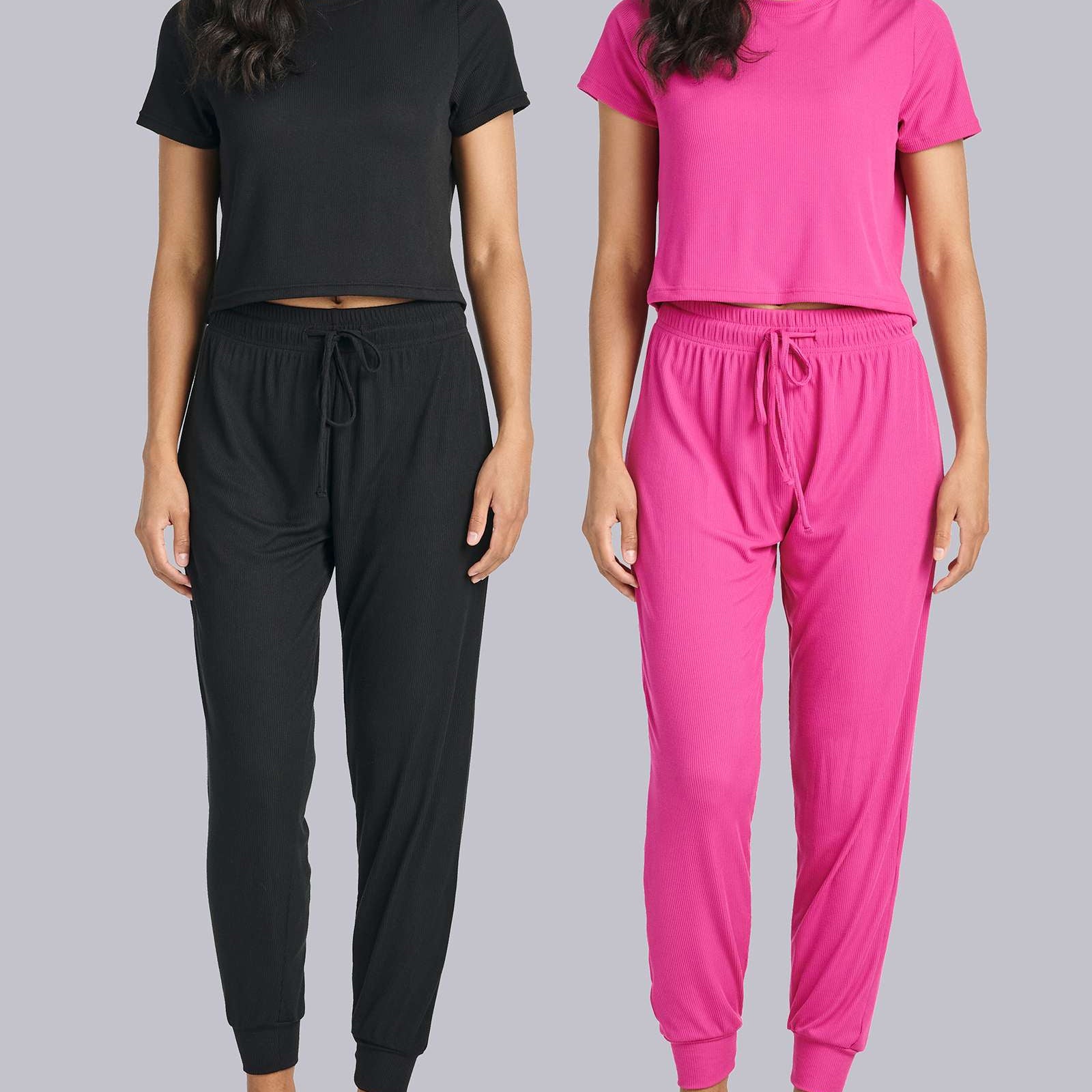 2 Pack: Women's Ribbed Knit Cropped Top with Jogger Sweatpants