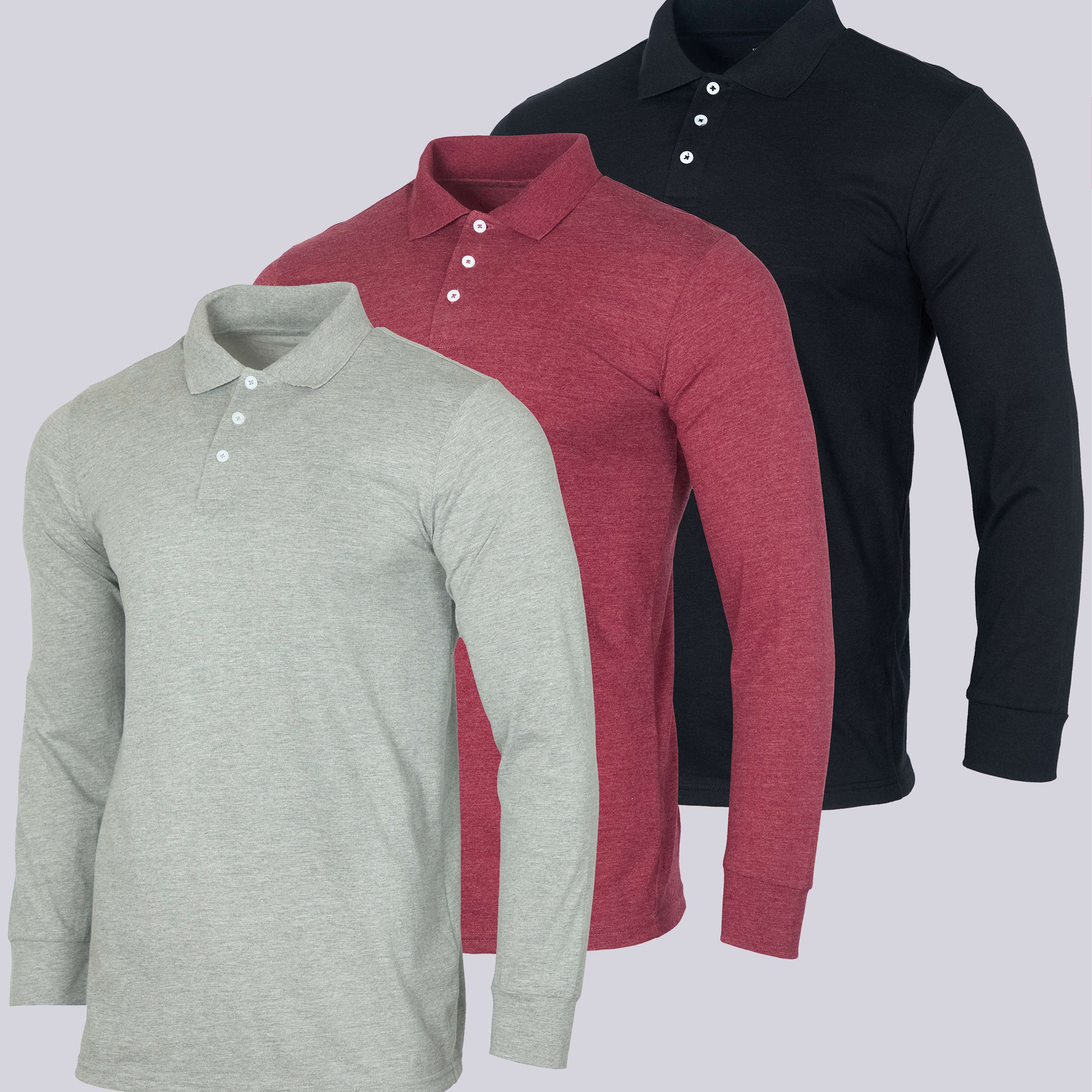 3 Pack: Men's Cotton Jersey Long-Sleeve Polo Shirt (Available in Big & Tall)