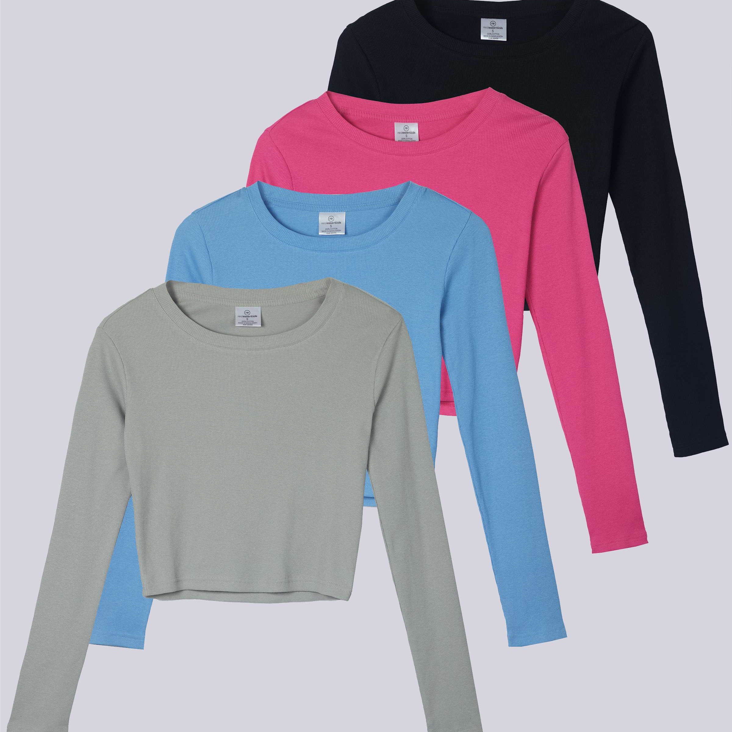 4 Pack: Women's Long Sleeve Ribbed Knit Crop Top (Available in Plus Size)