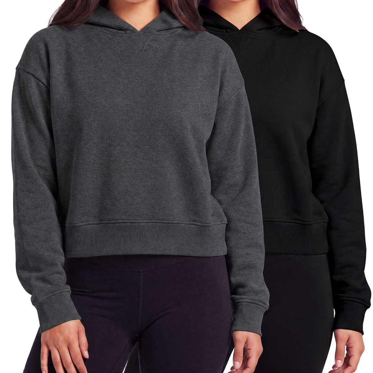 Real Essentials 2 Pack Women's Cropped Hoodies Crop Sweatshirt Ladies Fleece Pullover Top - Solid Black, Charcoal Heather