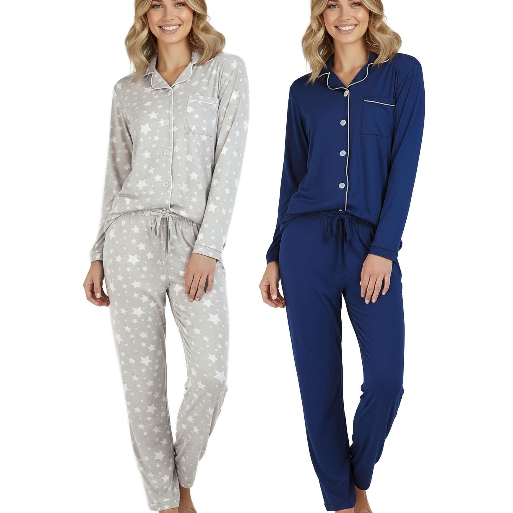 4 Piece: Women’s Long Sleeve Button Down Pajama Set