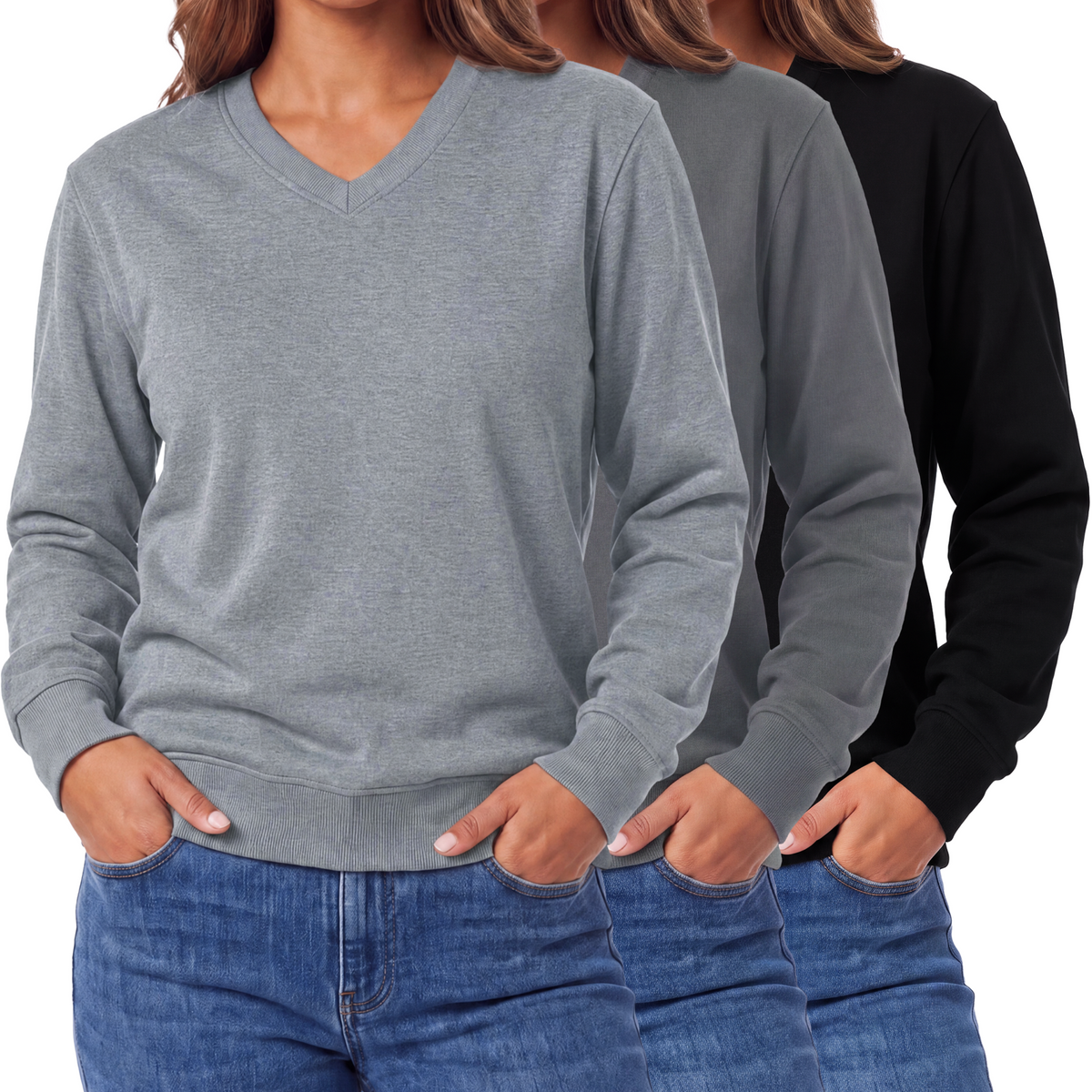 Real Essentials 3 Pack Womens Fleece V Neck Sweatshirt Pullover Sweaters Long Sleeve Top - Solid Black, Solid Quiet Shade, Grey Heather