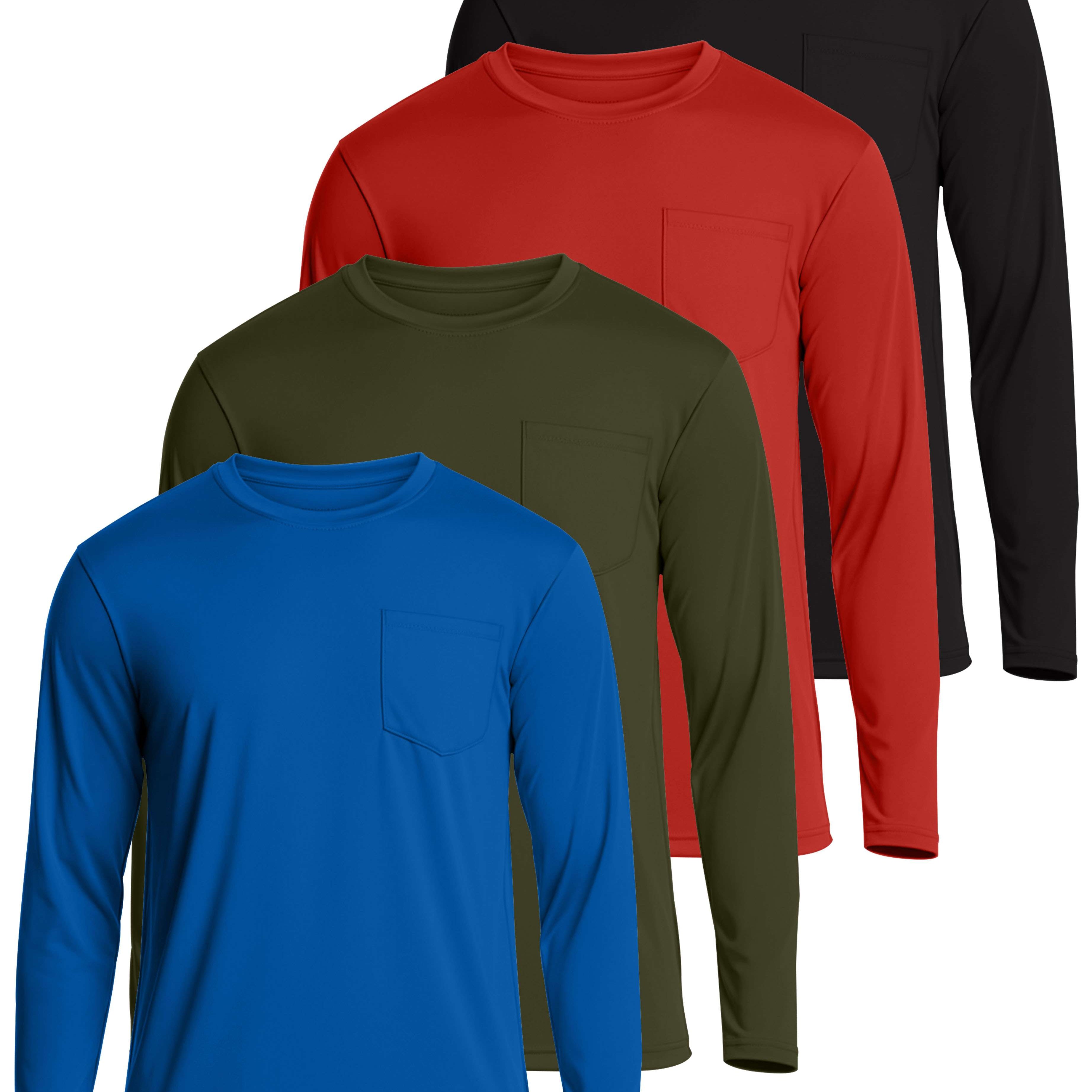 4 Pack: Mens Dry-Fit Long Sleeve Pocket Crew T-Shirt