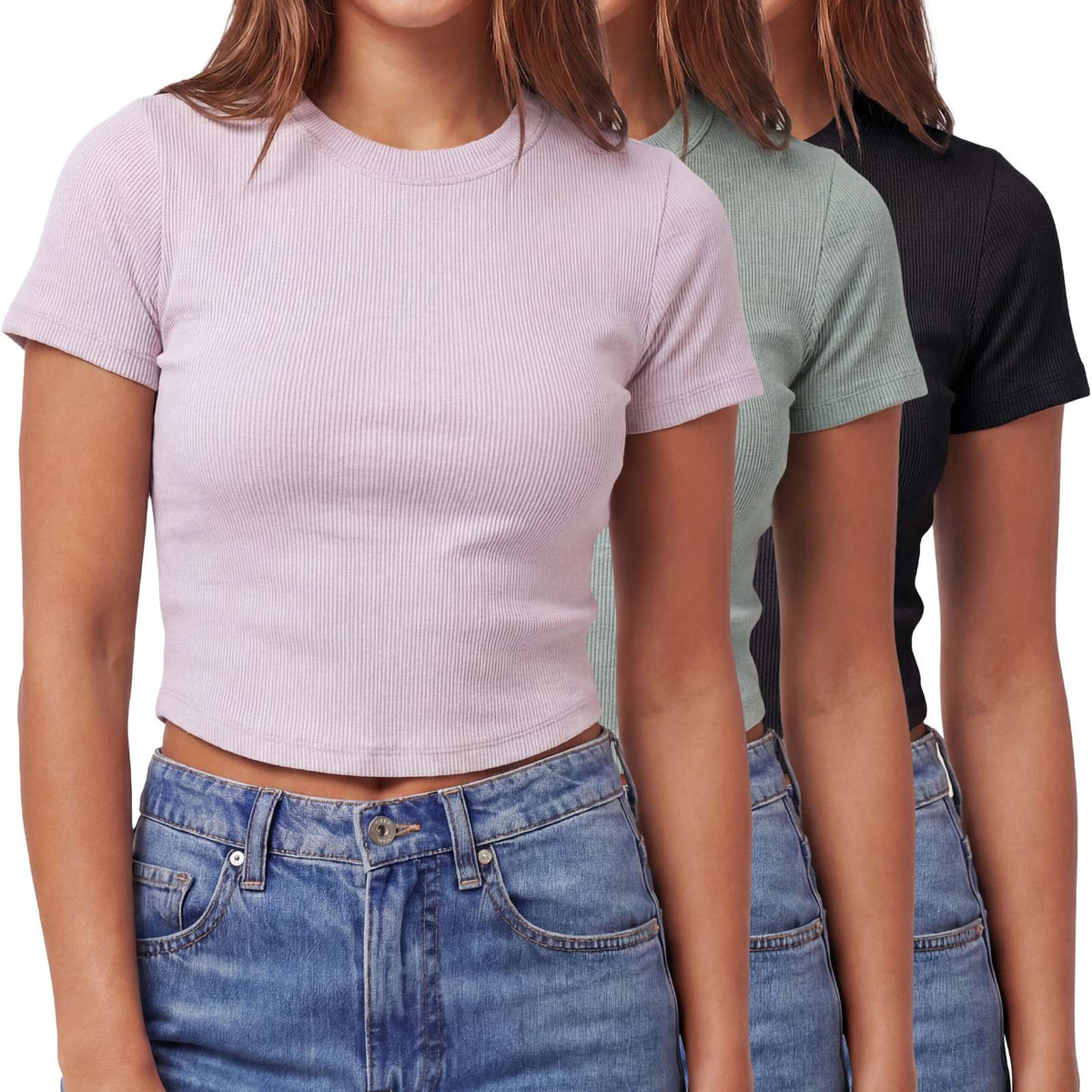 Real Essentials 3 Pack Women's Cropped Cotton Tshirts Ribbed Cap Sleeve Tees Going Out Tops - Solid Black, Solid Iceberg Green, Solid Orchid Petal