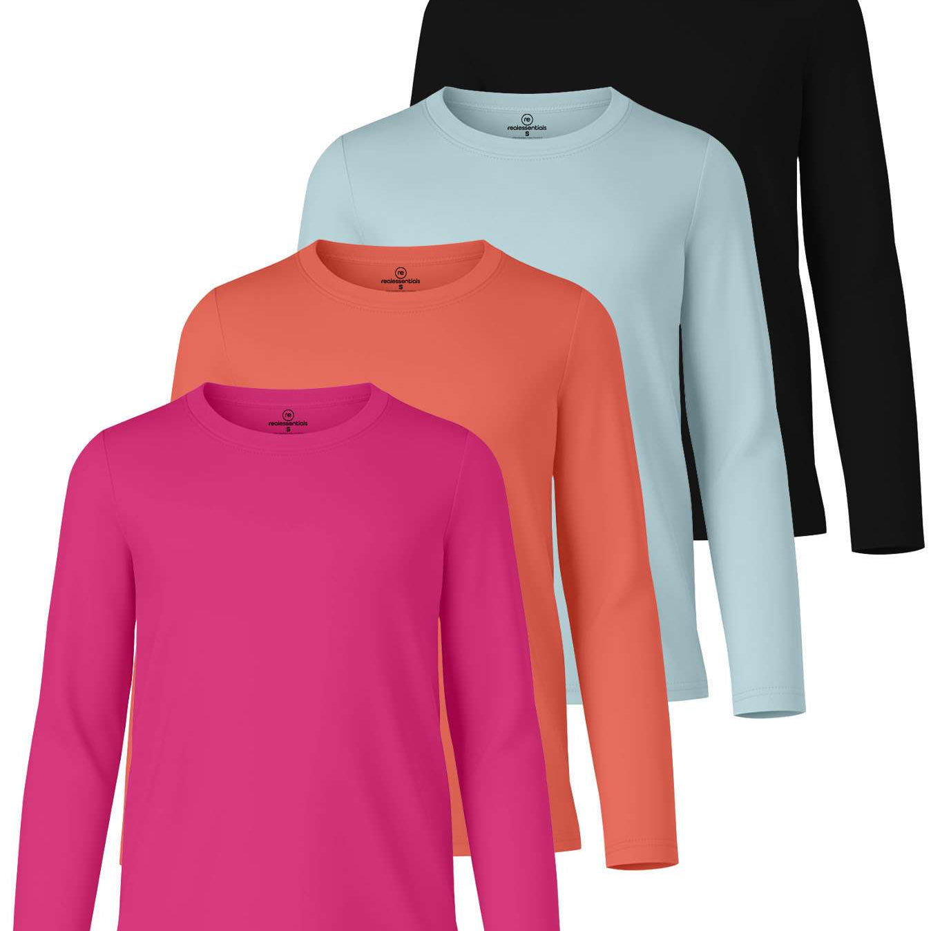 4 Pack: Girls Dry-Fit Long Sleeve Active Crew Neck T-Shirt