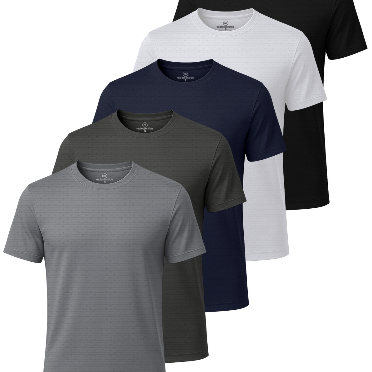 Real Essentials 5 Pack Men's Dry Fit Short Sleeve Crew T Shirts Gym Tees Athletic Workout - Solid Black, Solid Bright White, Navy Blazer, Charcoal, Solid Ultimate Grey
