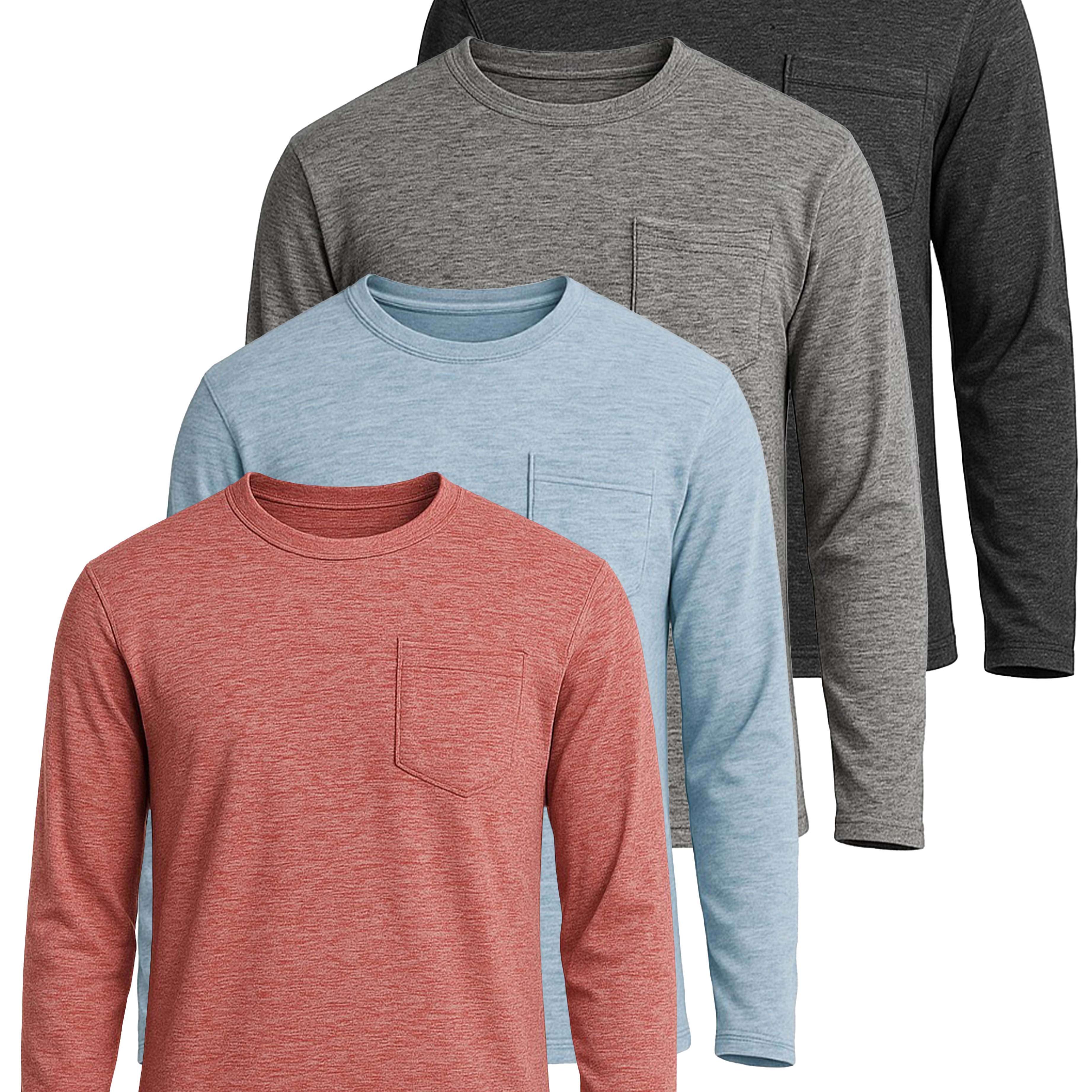 4 Pack: Mens Dry-Fit Long Sleeve Pocket Crew T-Shirt