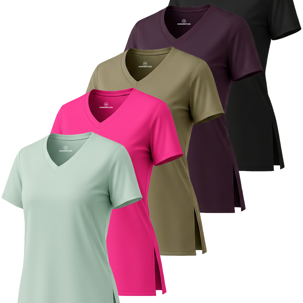 Real Essentials 5 Pack: Women's Short Sleeve Split Hem V-Neck T-Shirts, Athletic Tops, Gym, Workout, Yoga, Activewear (Plus)
