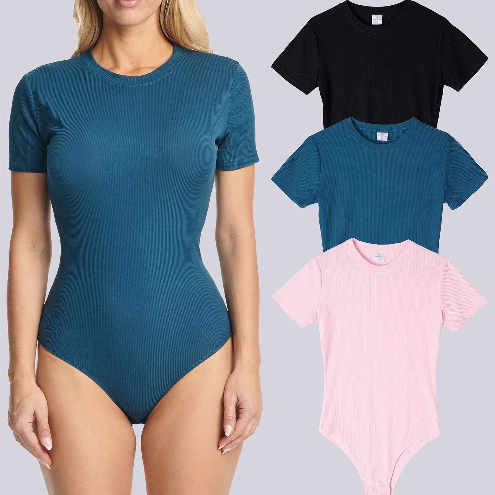 3 Pack: Women's Round Neck Short Sleeve Ribbed Shapewear Bodysuit Shirt Tops (Available in Plus Size)