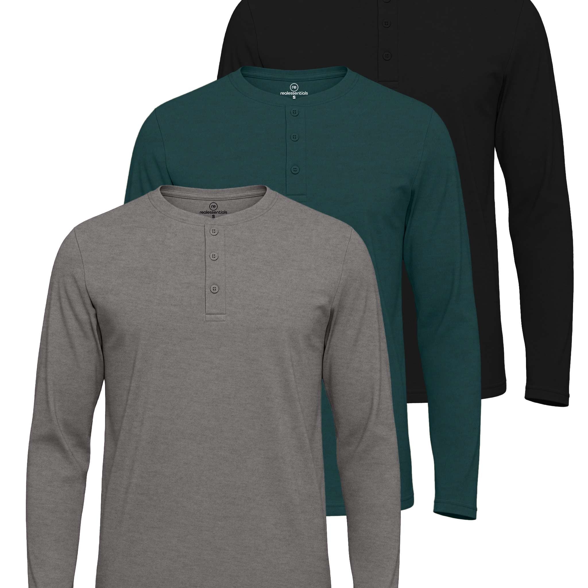 3 Pack: Mens Long Sleeve Cotton Henley T-Shirt