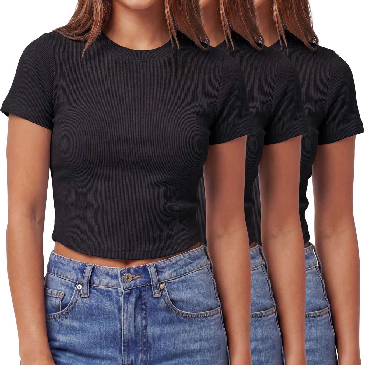 Real Essentials 3 Pack Women's Cropped Cotton Tshirts Ribbed Cap Sleeve Tees Going Out Tops - Solid Black, Solid Black, Solid Black