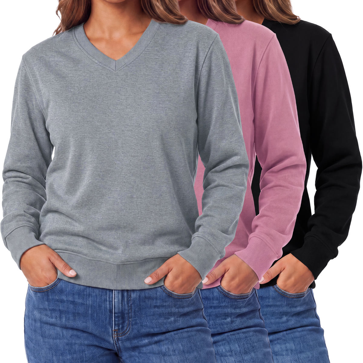 Real Essentials 3 Pack Womens Fleece V Neck Sweatshirt Pullover Sweaters Long Sleeve Top - Solid Black, Solid Cashmere Rose, Grey Heather