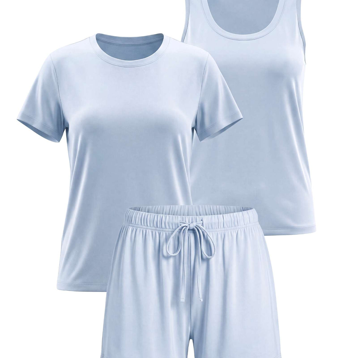 Real Essentials 3 Pack Women's Pajama Sets 3 Piece Crew Tee Tank Top Sleep Shorts Sleepwear - Solid Ballad Blue