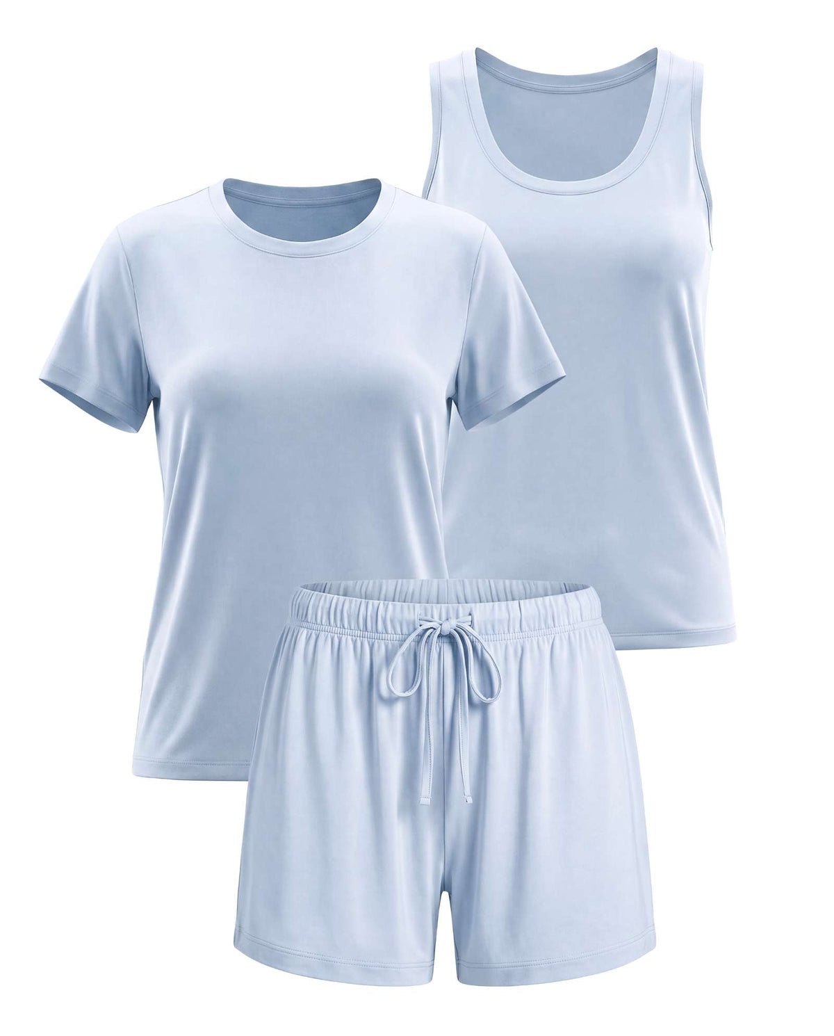 Real Essentials 3 Pack Women's Pajama Sets 3 Piece Crew Tee Tank Top Sleep Shorts Sleepwear - Solid Ballad Blue