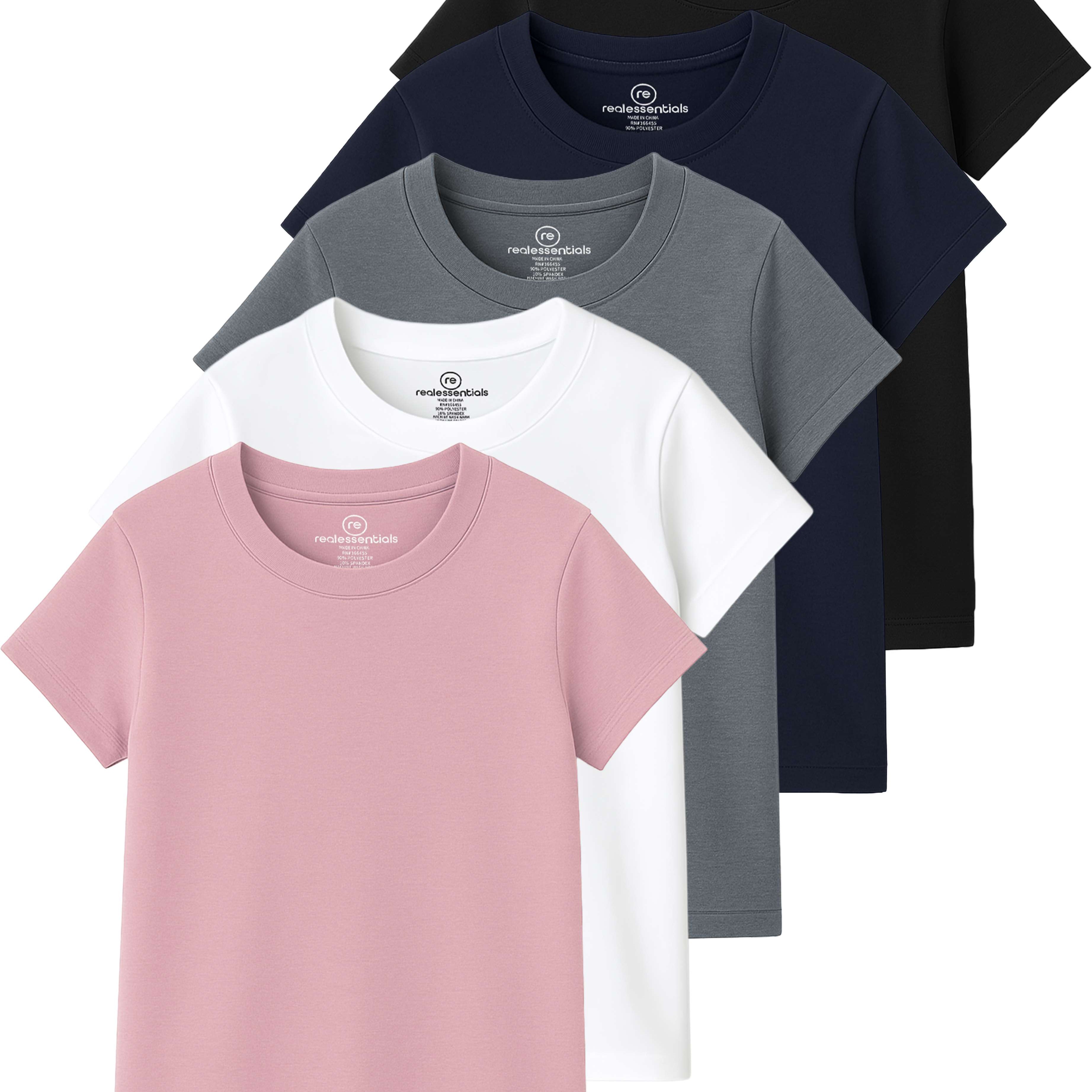 Real Essentials 5 Pack: Girls' Cotton Short Sleeve Crew Neck T-Shirt - Athletic Tee Shirt for Teens Kids Youth (Ages 4-16)