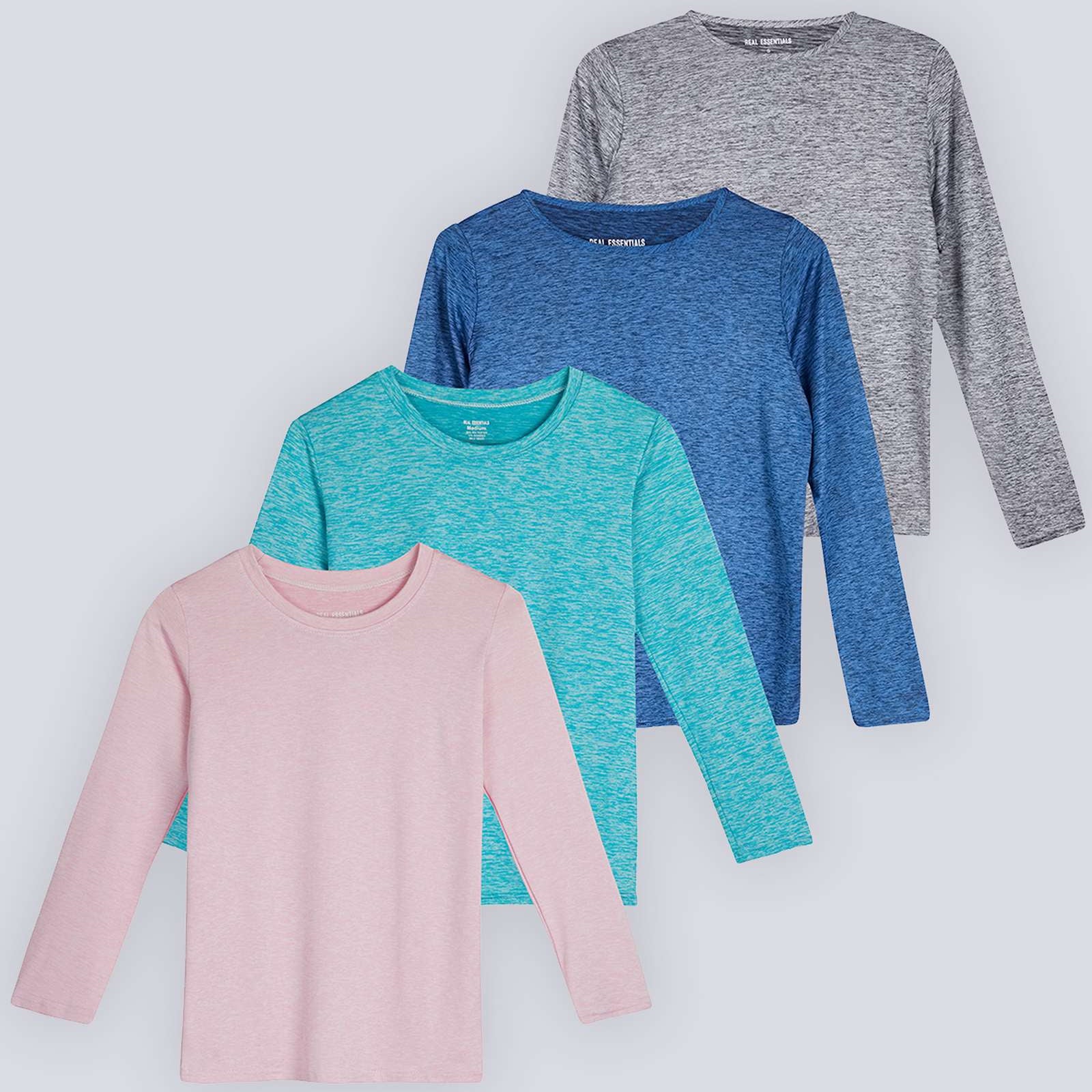 4 Pack: Girls Dry-Fit Long Sleeve Active Crew Neck T-Shirt