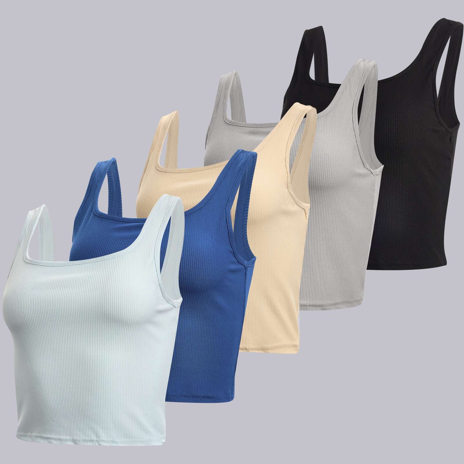 Real Essentials 5 Pack: Women's Soft Knit Ribbed Square Neck Cropped Tank Top - Sleeveless Crop Tops