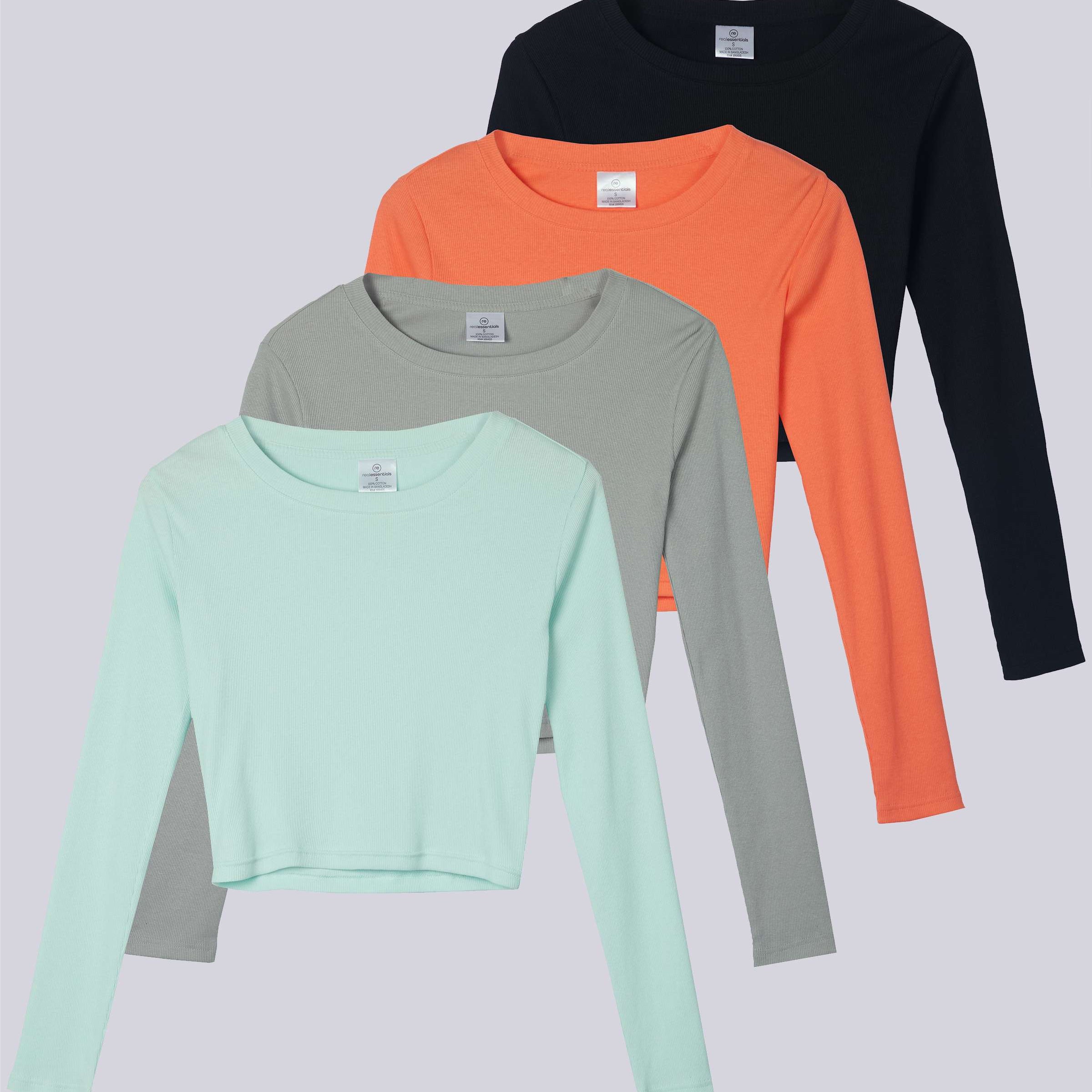 4 Pack: Women's Long Sleeve Ribbed Knit Crop Top (Available in Plus Size)