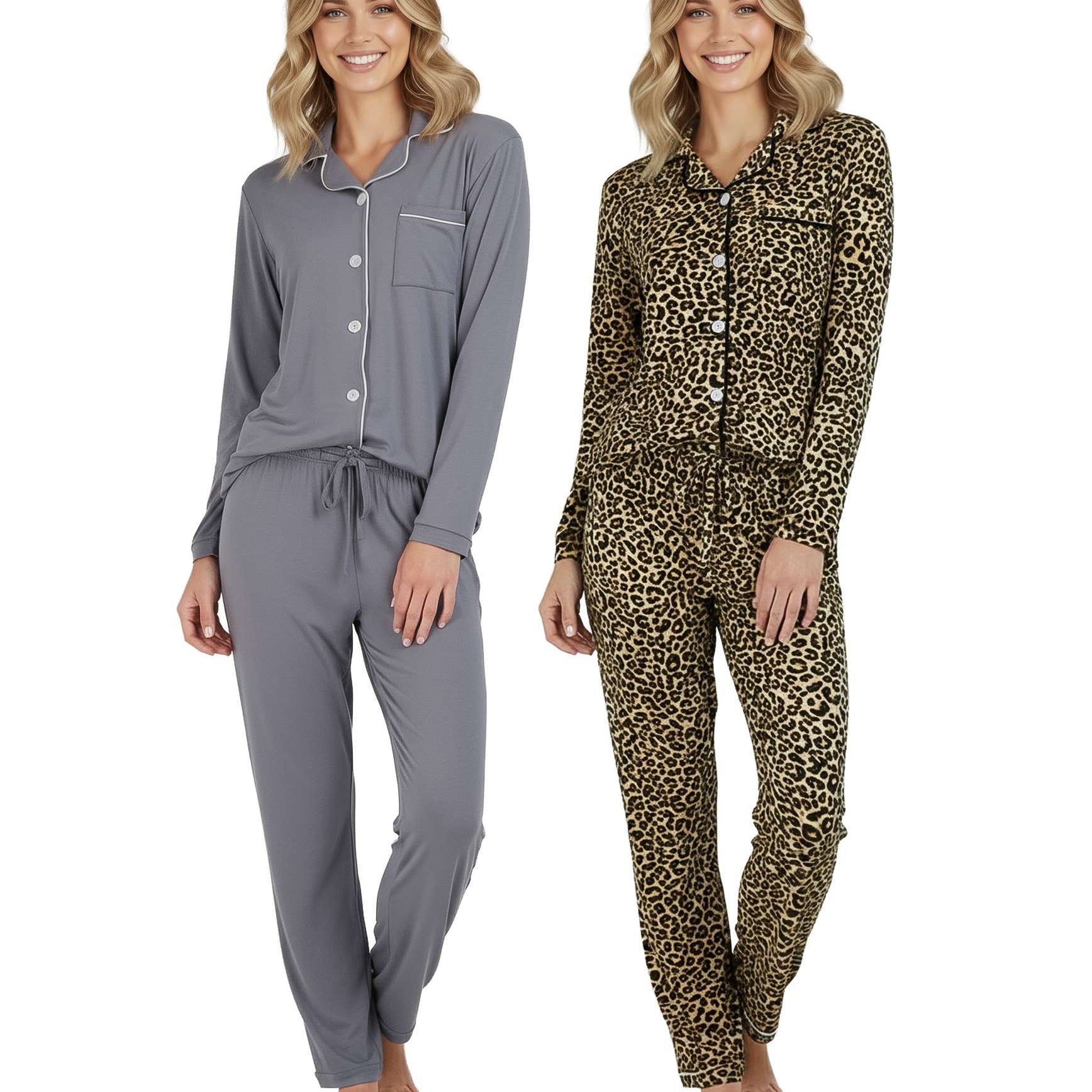 4 Piece: Women’s Long Sleeve Button Down Pajama Set