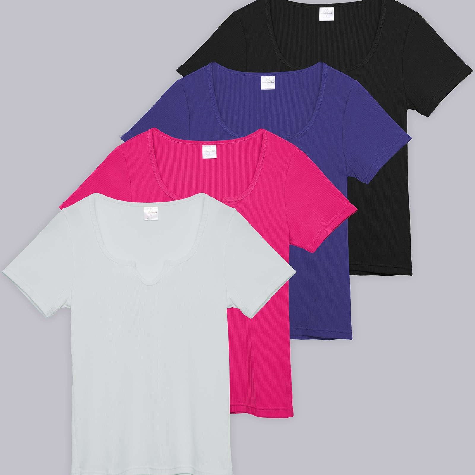 4 Pack: Women's Soft Ribbed Knit Split Neck T-Shirt
