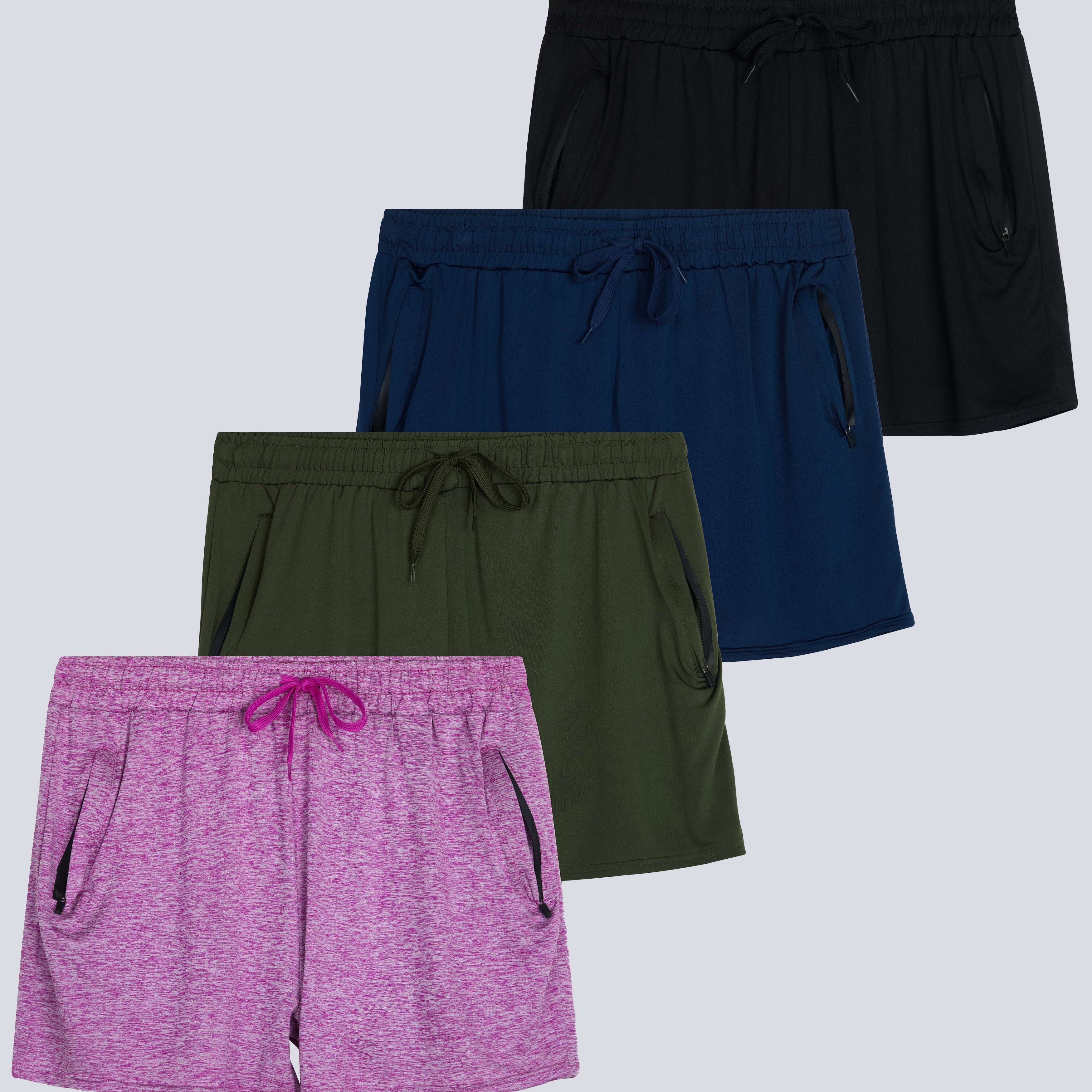 4 Pack: Womens Active Dry-Fit Shorts with Zipper Pockets