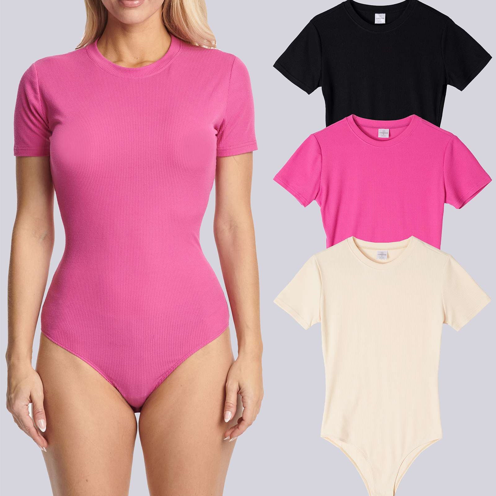 3 Pack: Women's Round Neck Short Sleeve Ribbed Shapewear Bodysuit Shirt Tops (Available in Plus Size)