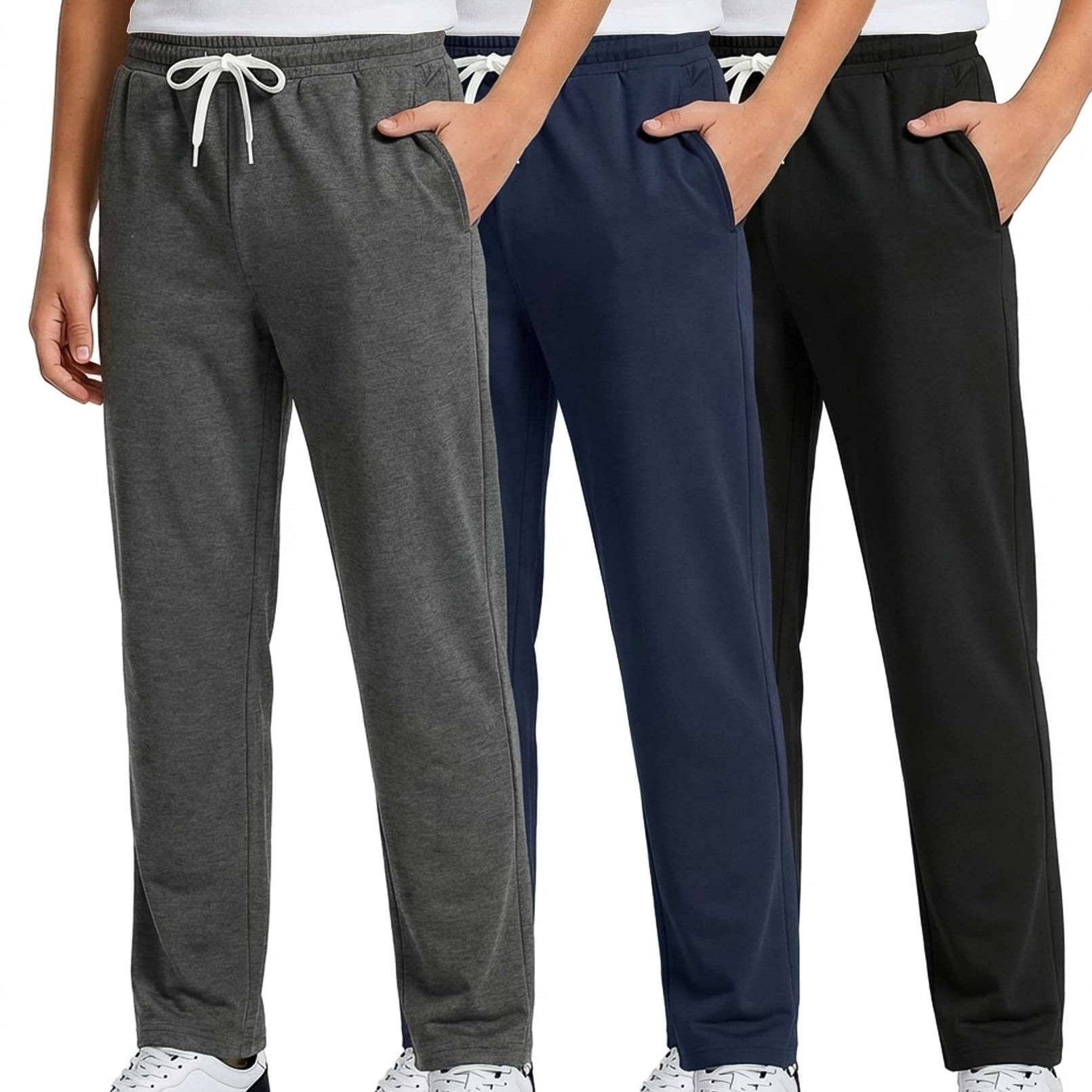 Real Essentials 3 Pack: Boys' French Terry Open Bottom Sweatpants Sweats for School Kids Teens with Pockets (Size 4-18)