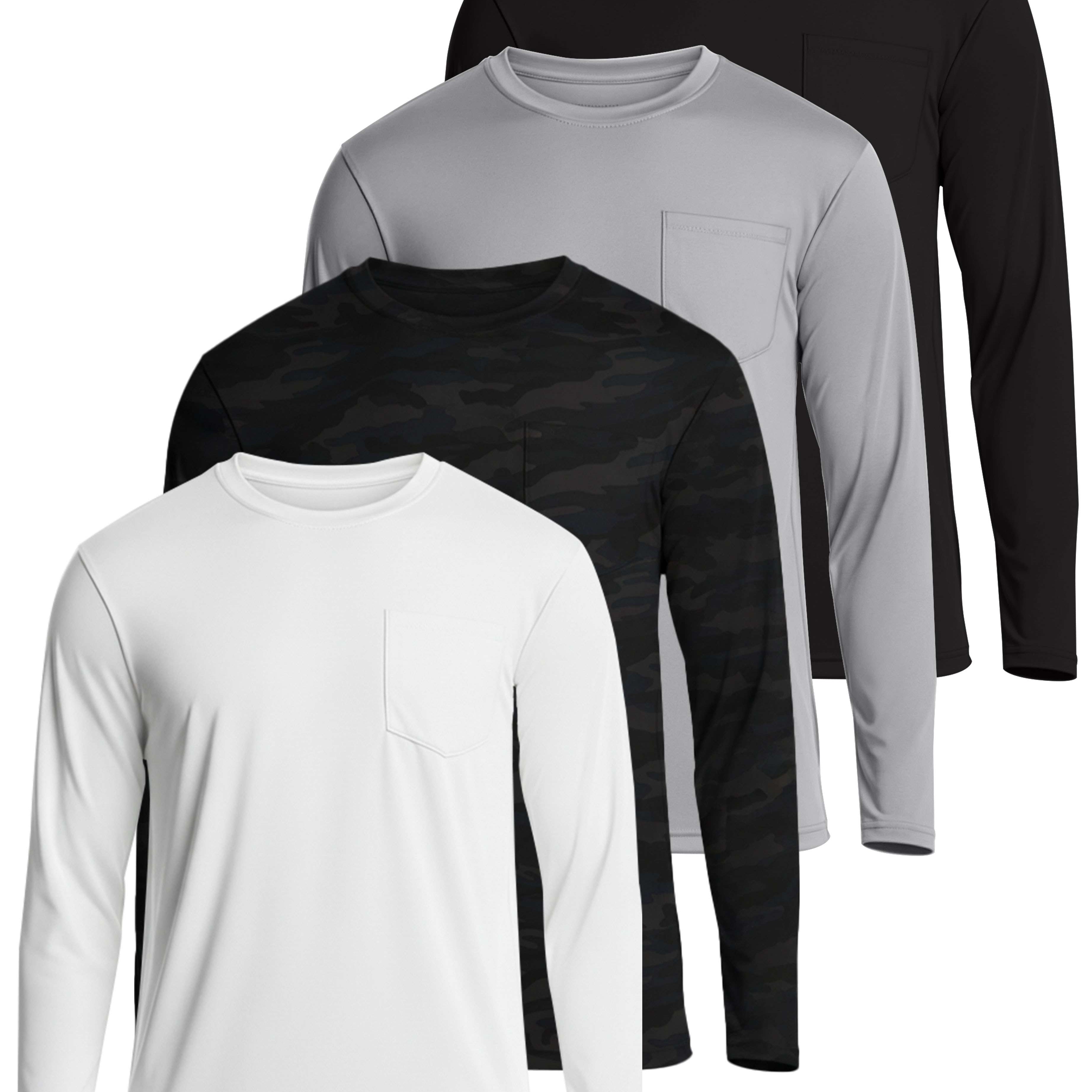 4 Pack: Mens Dry-Fit Long Sleeve Pocket Crew T-Shirt