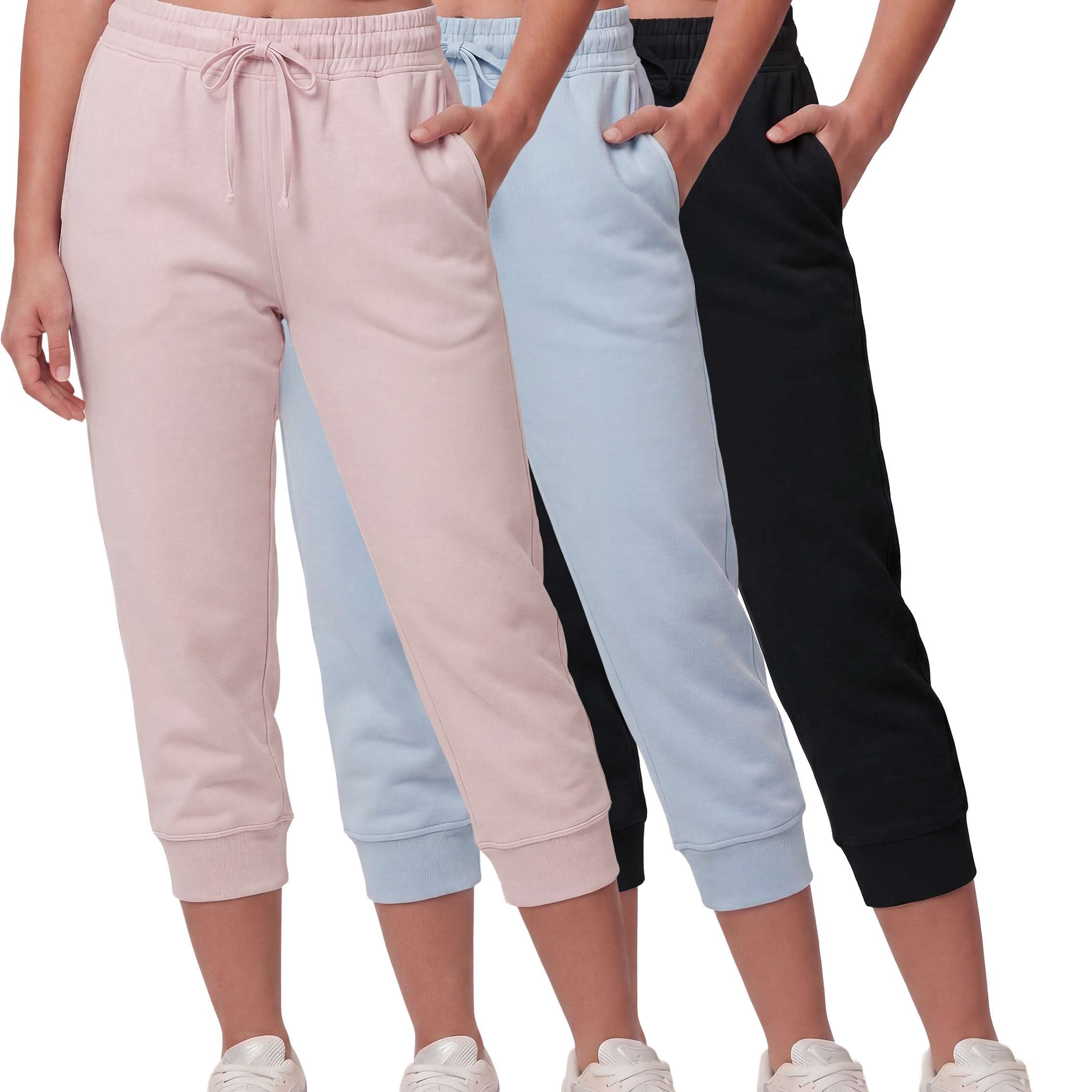 Real Essentials 3 Pack: Women’s Fleece Capri Joggers Athletic Lounge Gym Running Sweatpants with Pockets