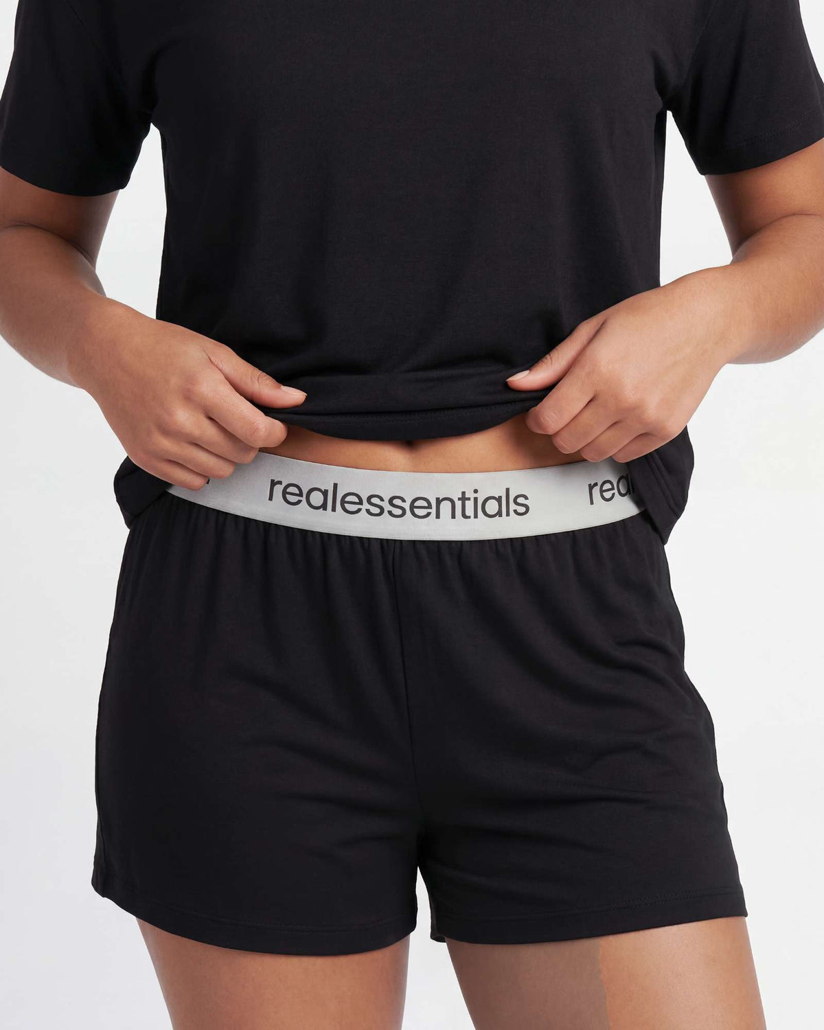 Real Essentials 2 Pack Women's Pajama Sets 2 Piece Boxy Tee Sleep Shorts PJs Sleepwear Cute - Solid Black, Solid Black